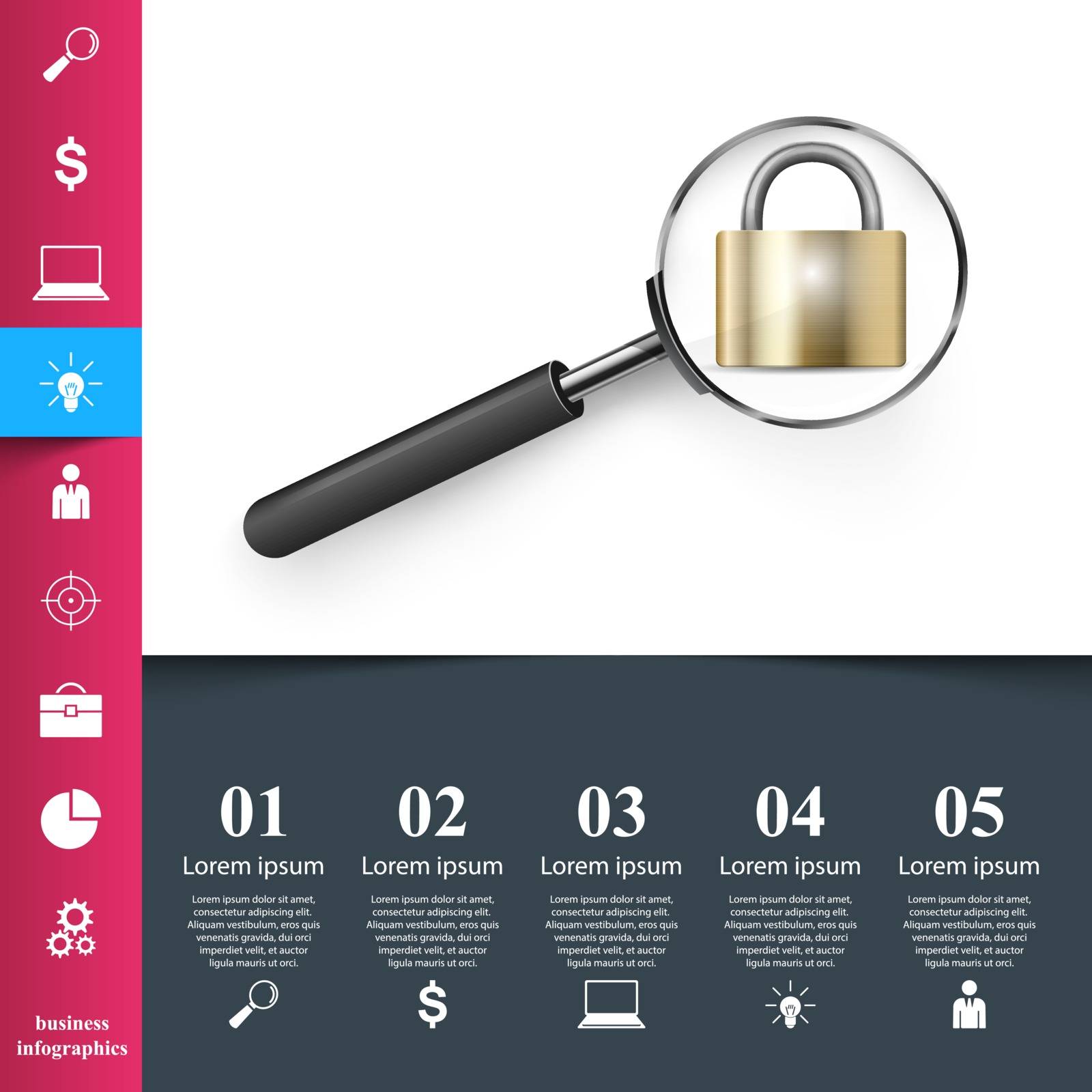 Business infographics. Loupe, lock  icon. by rwgusev