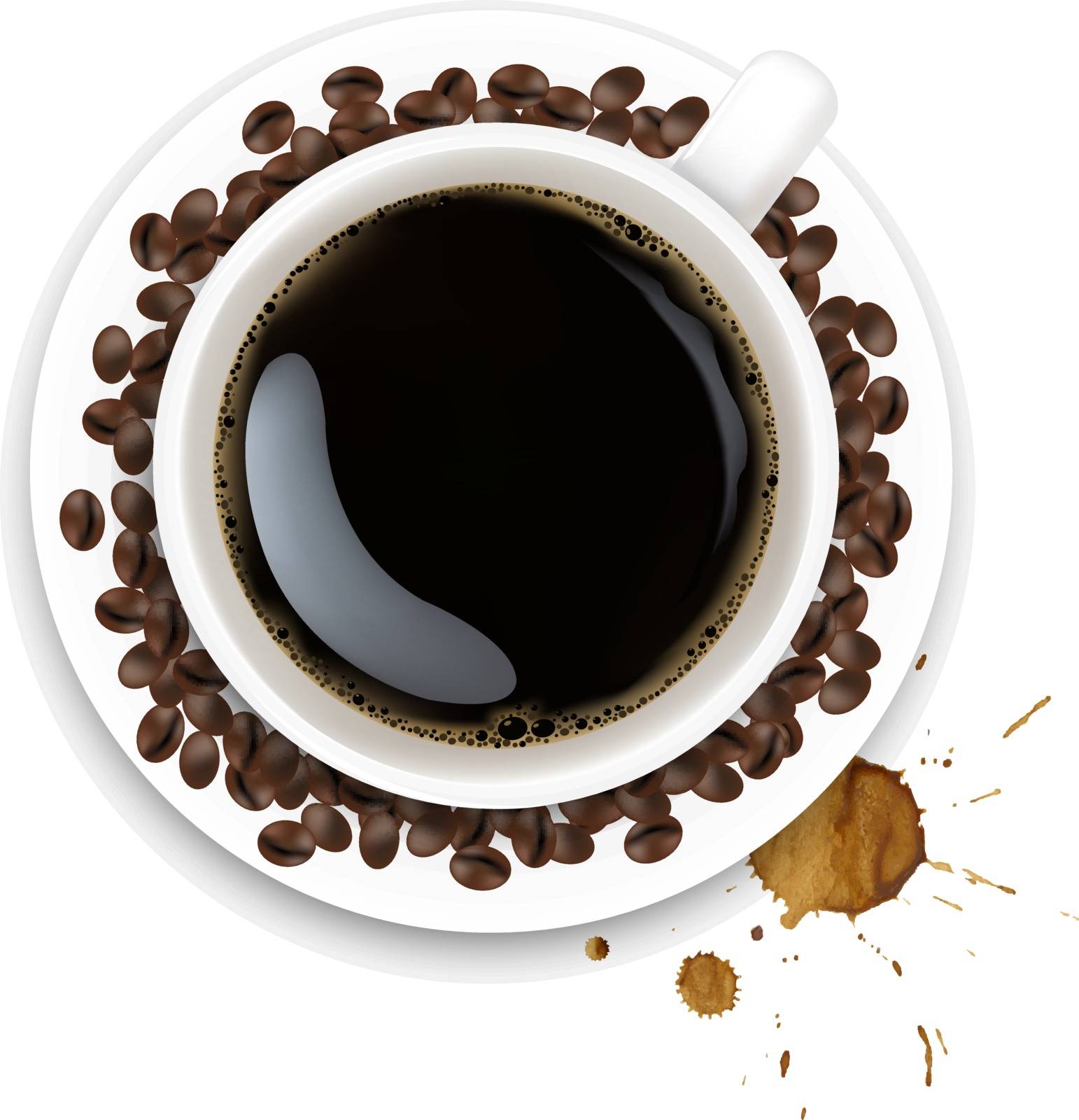 Cup With Coffee And Plate And Coffee Grain And Blots With Gradient Mesh, Vector Illustration