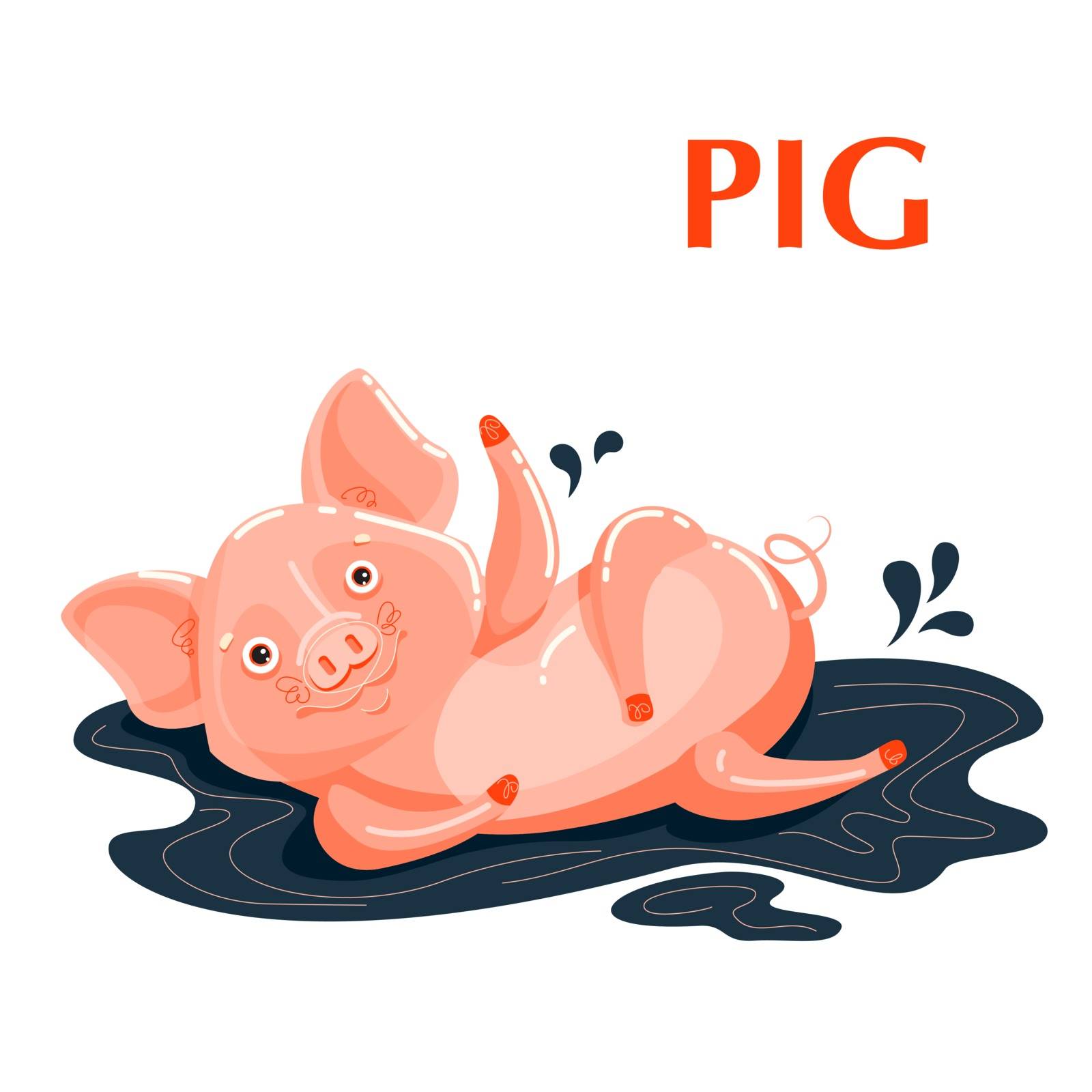 Pig sporting in a mud puddle. Educational card helps the speech therapist for preschoolers for children and baby in the cartoon style about home animals, pets. Isolated Flat illustration.