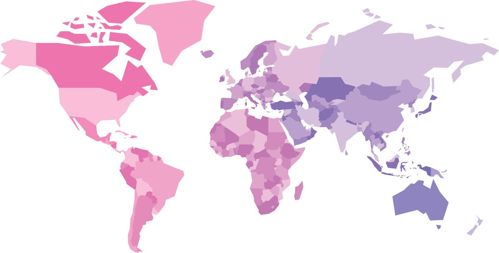 Multicolored map of World. Simplified political map with national borders of countires. Colorful vector illustration in pink-violet spectrum colors by pyty