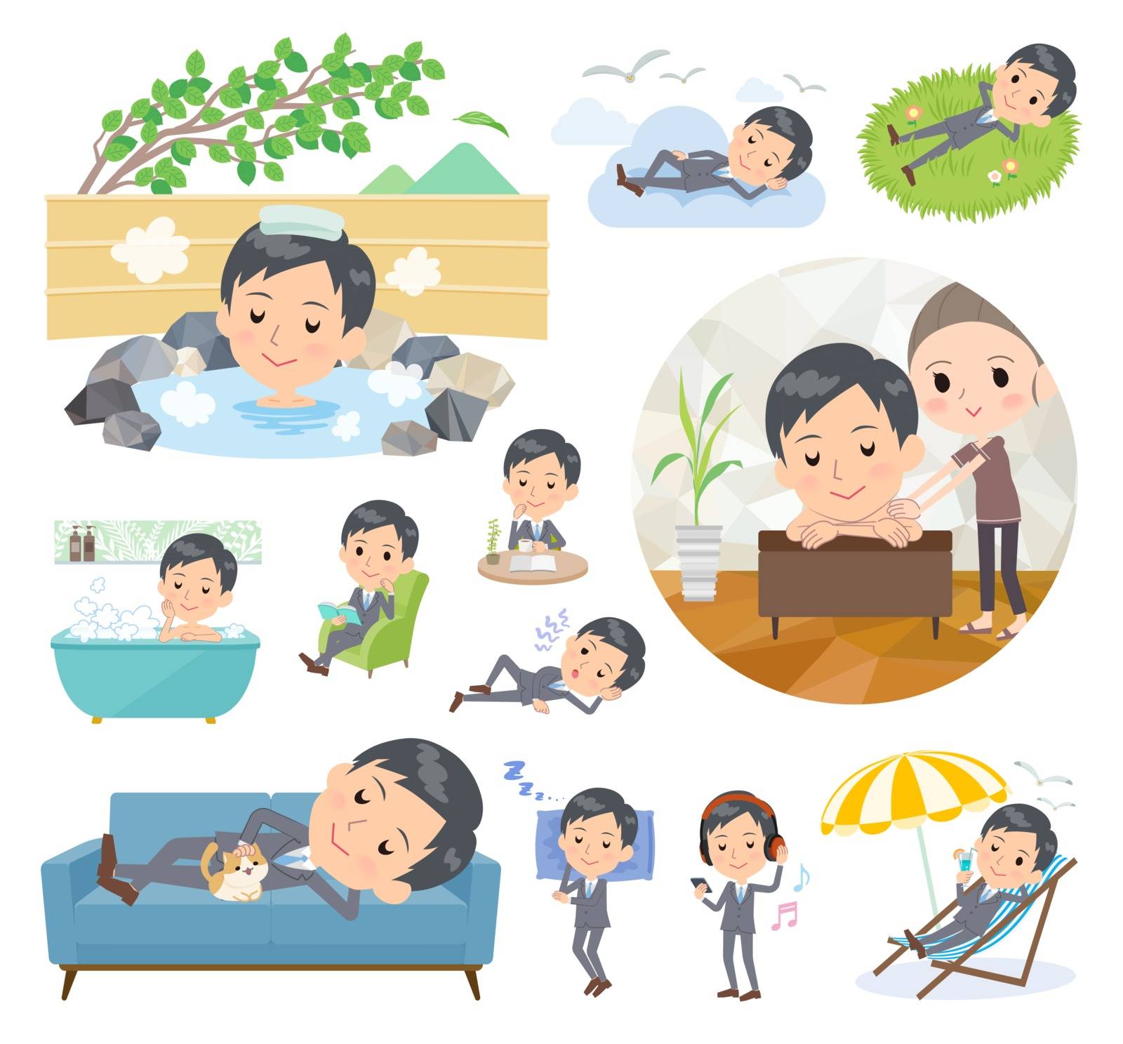 A set of men about relaxing.There are actions such as vacation and stress relief.It's vector art so it's easy to edit.