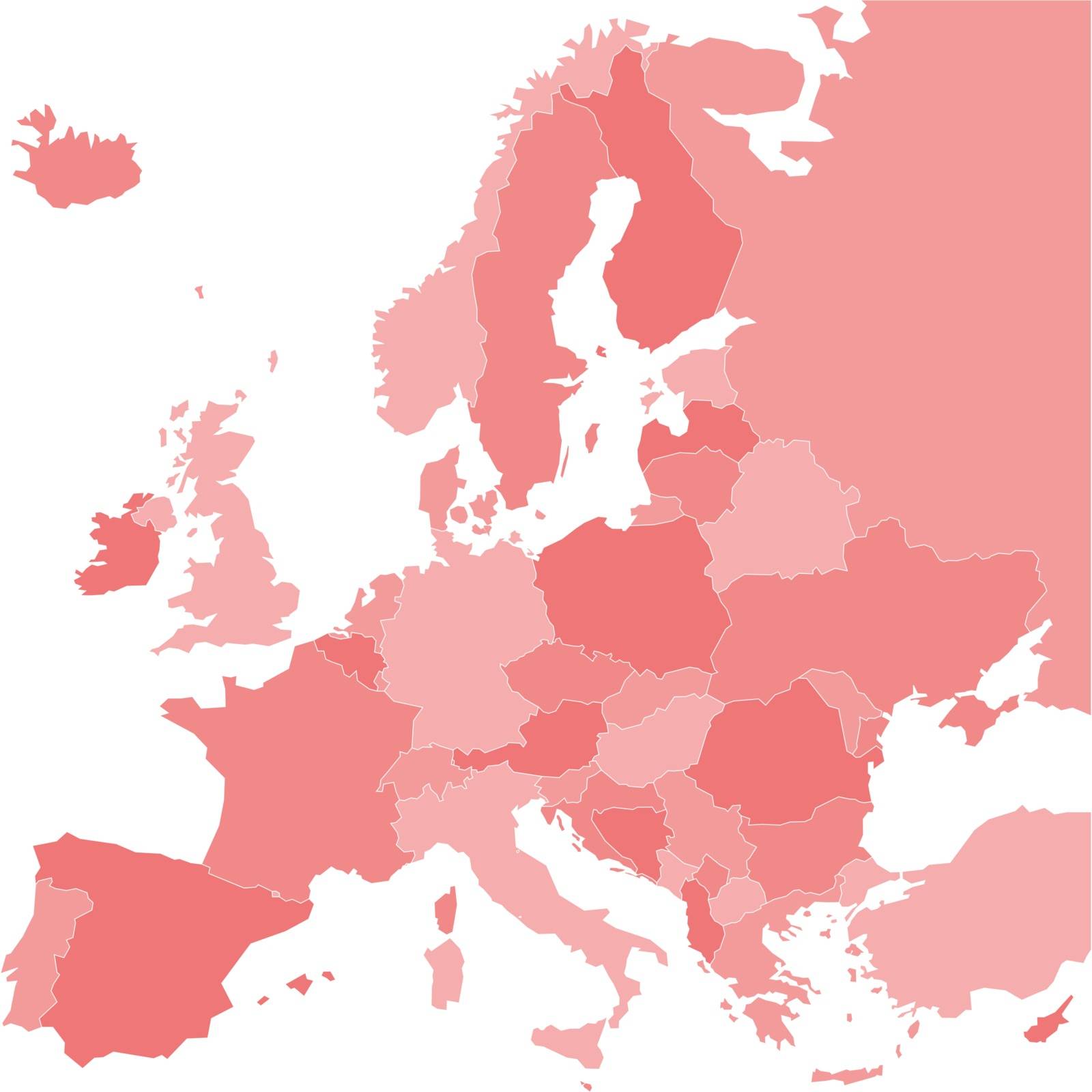 Blank map of Europe. Vector illustration in red shades on white background.