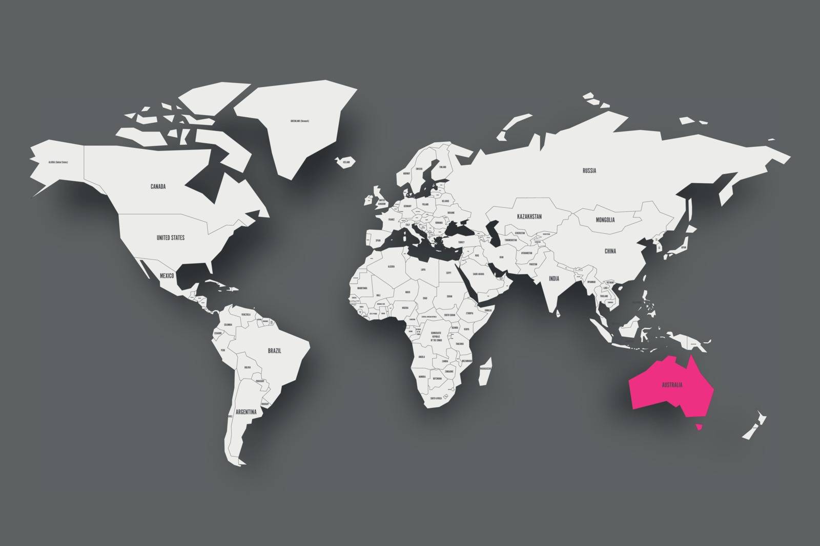 Australia pink highlighted in map of World. Light grey simplified map with dropped shadow on dark grey background. Vector illustration by pyty