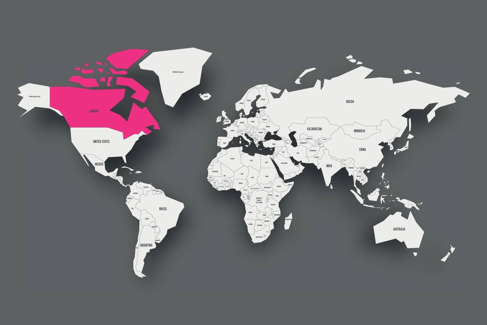 Canada pink highlighted in map of World. Light grey simplified map with dropped shadow on dark grey background. Vector illustration by pyty
