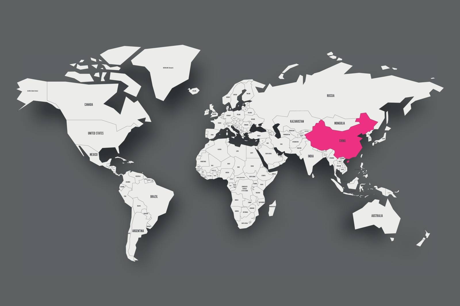 China pink highlighted in map of World. Light grey simplified map with dropped shadow on dark grey background. Vector illustration by pyty