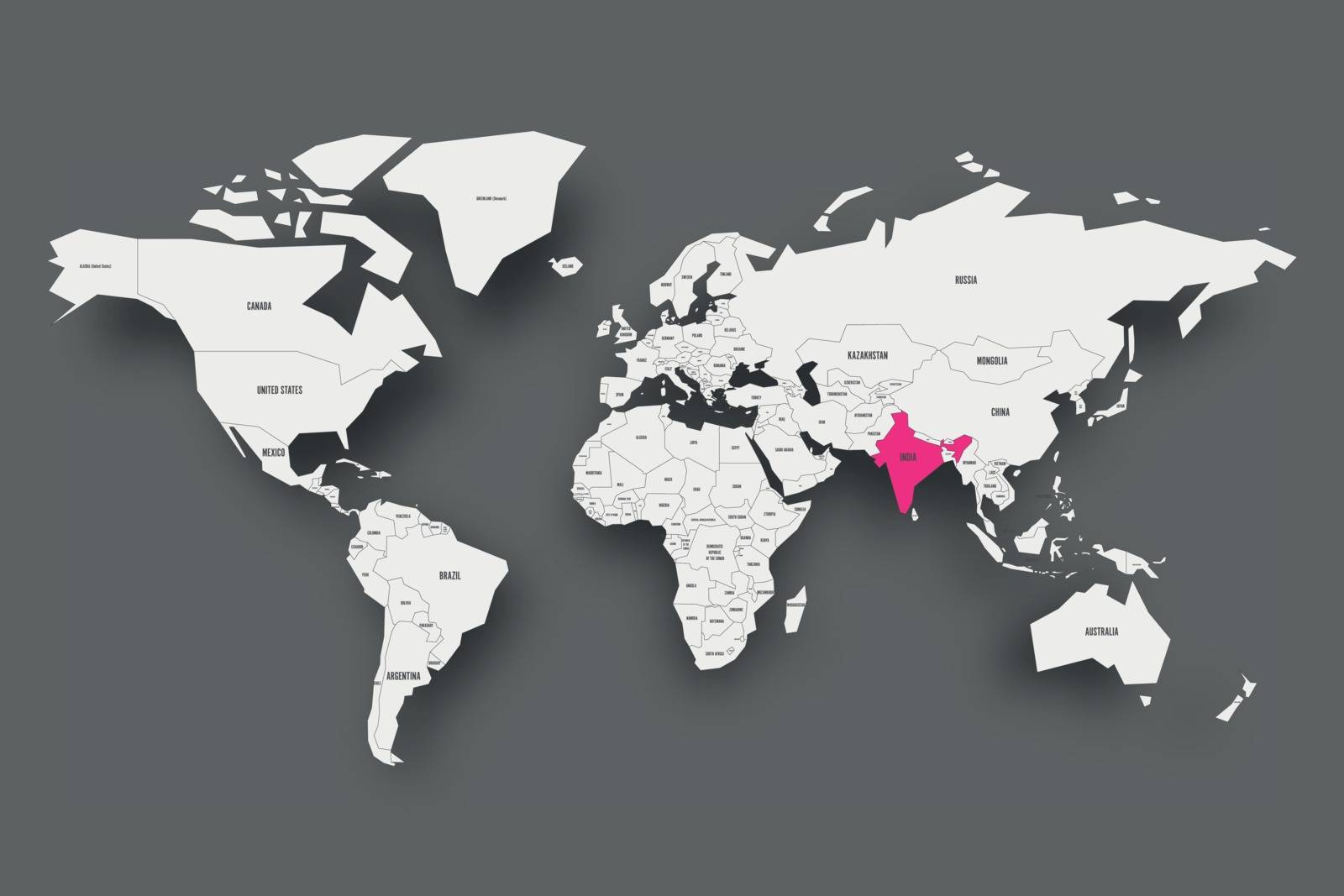 India pink highlighted in map of World. Light grey simplified map with dropped shadow on dark grey background. Vector illustration by pyty