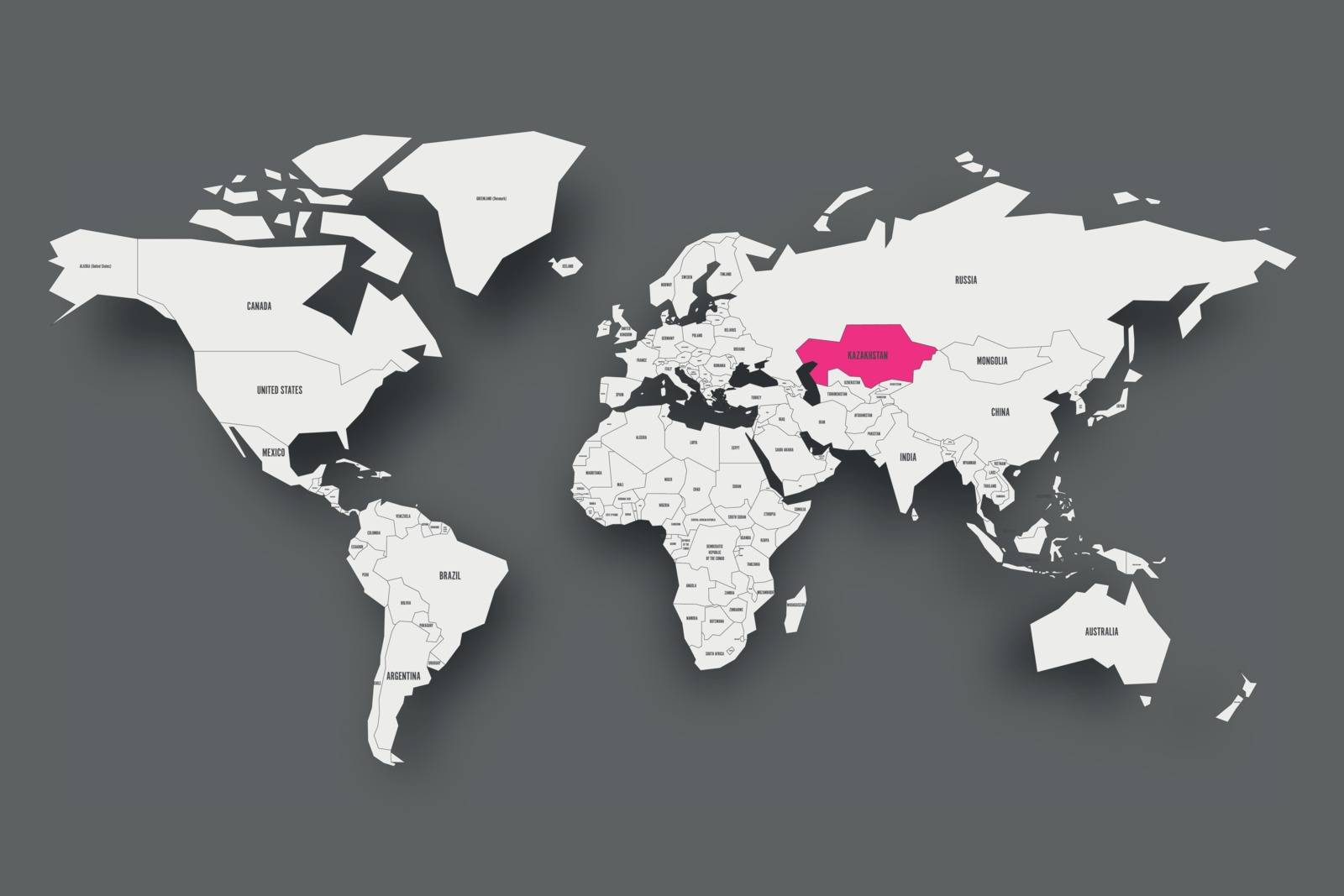 Kazakhstan pink highlighted in map of World. Light grey simplified map with dropped shadow on dark grey background. Vector illustration by pyty