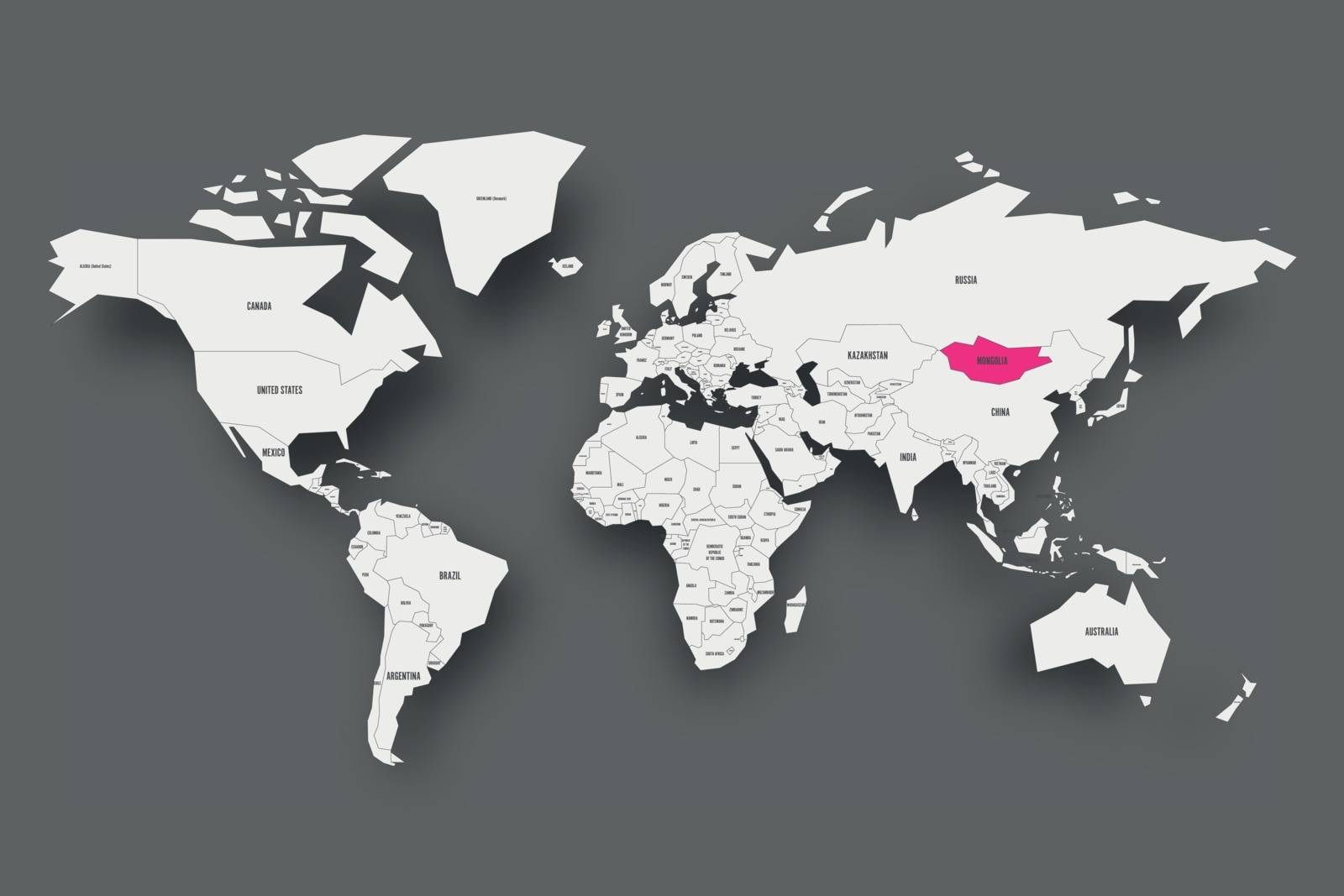 Mongolia pink highlighted in map of World. Light grey simplified map with dropped shadow on dark grey background. Vector illustration by pyty