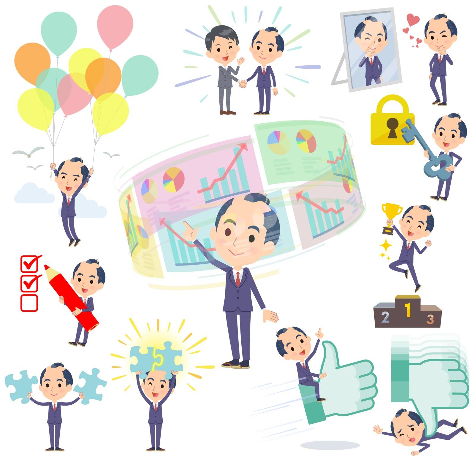 A set of businessman on success and positive.There are actions on business and solution as well.It's vector art so it's easy to edit.