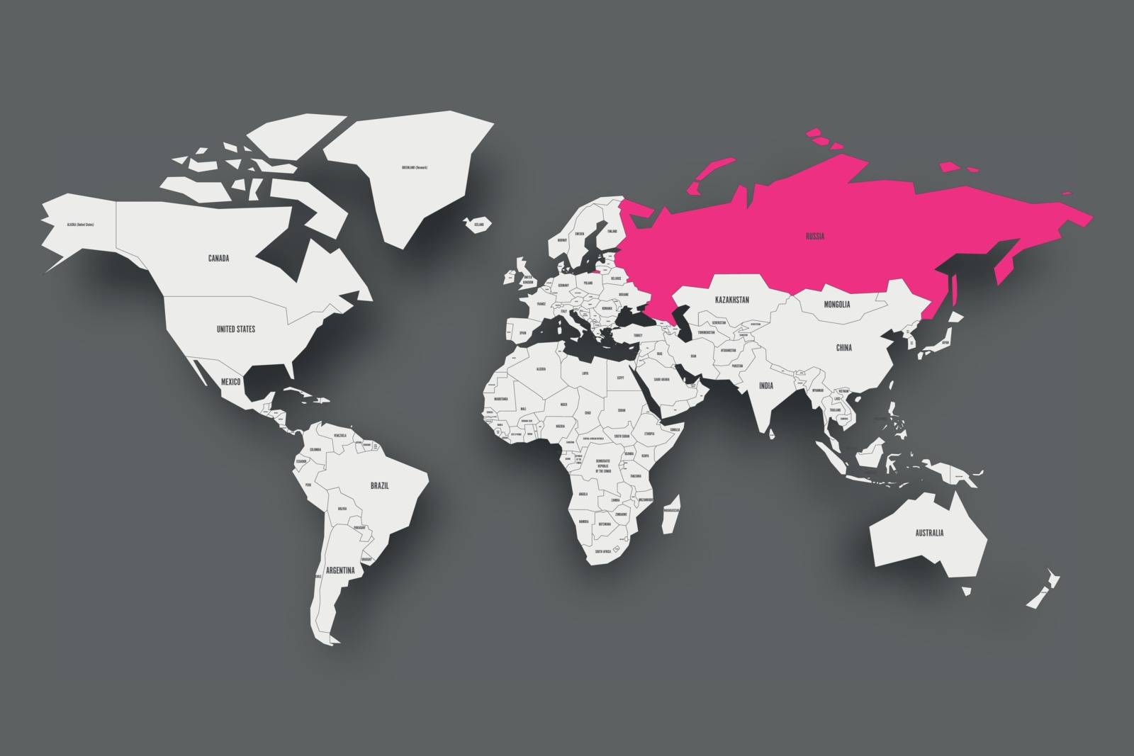 Russia pink highlighted in map of World. Light grey simplified map with dropped shadow on dark grey background. Vector illustration by pyty