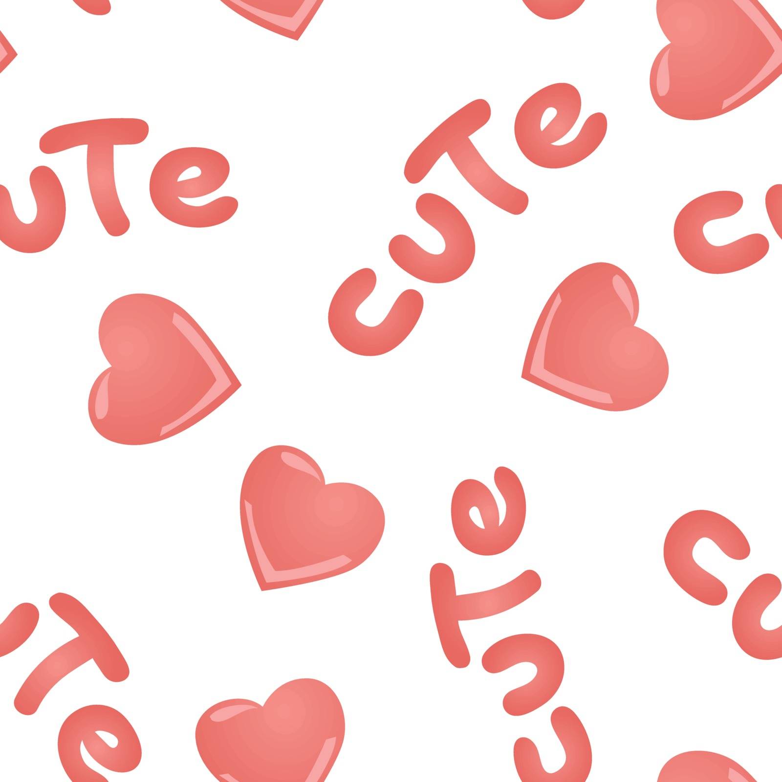 Vector seamless pattern with kawai pink hearts and inscription Cute on a white background