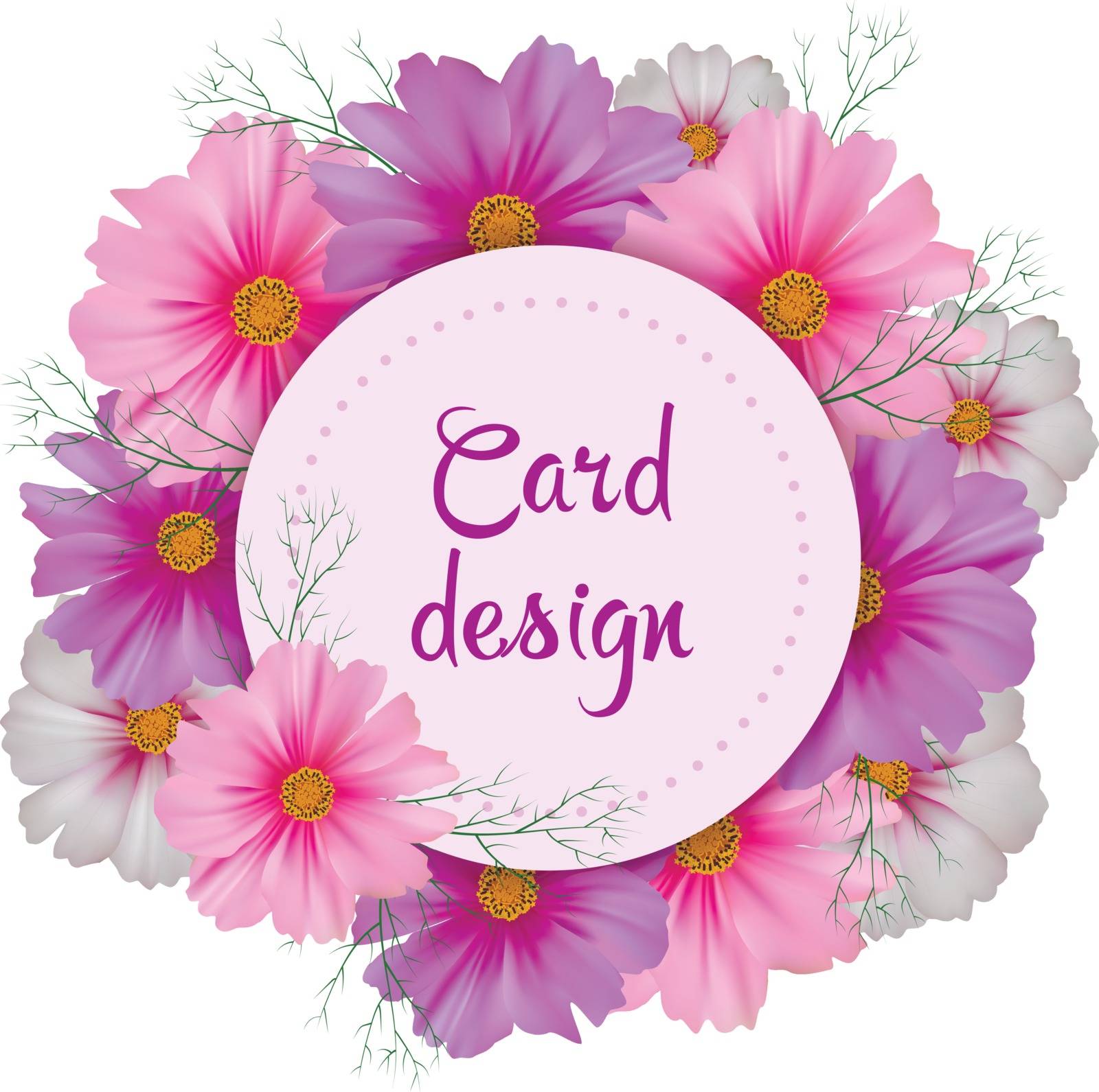 Cosmos flower card design. Round invitation. Vector illustration
