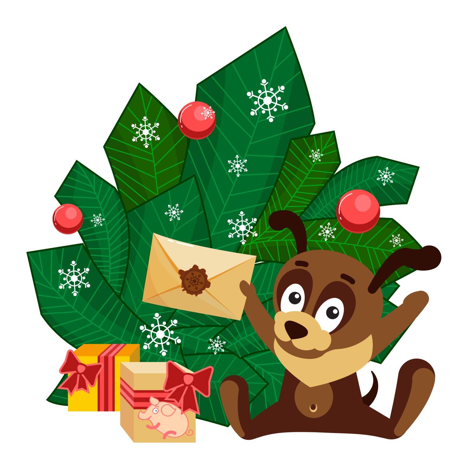 A puppy in a New Year cap sitting in front of branches with decorated balls and holding an envelope from Santa Claus. Christmas or New Year greeting card with characters for congratulations. A merry dog puppy enjoys letter from Santa Claus. Cartoon clip art with animals on chinese New Year. Isolated kids vector illustration on white background