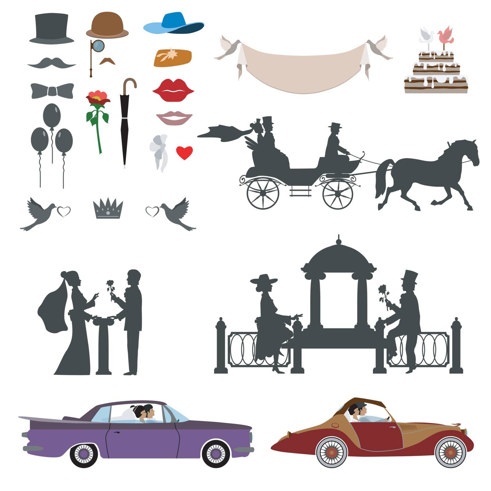 Silhouette of the bride and groom. They ride horseback riding. Sit in the carriage. Near the arbor. Stand with a flower. Mustaches, balls, lips.