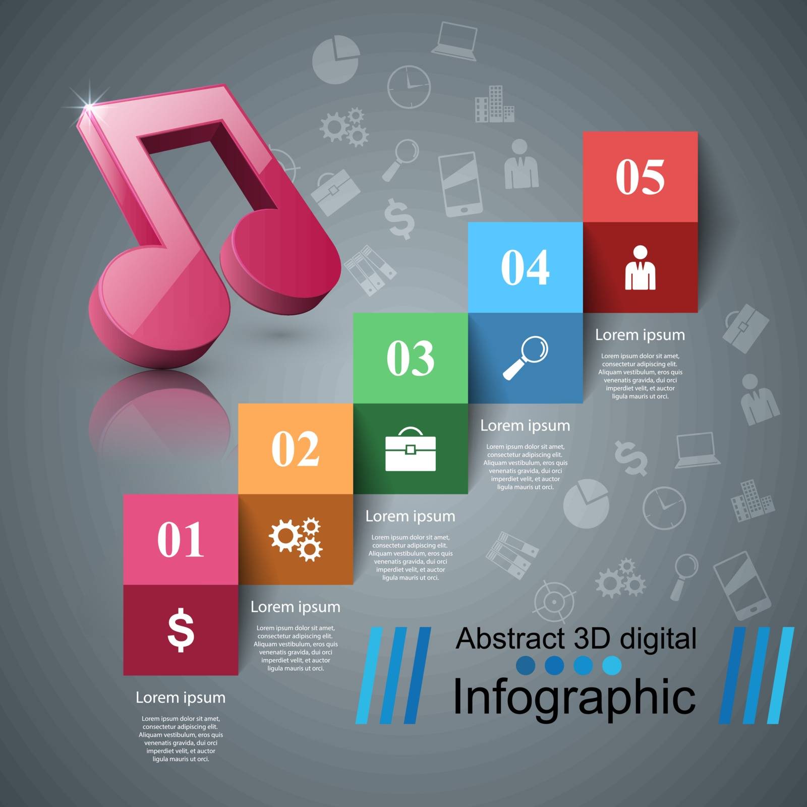 Abstract 3D digital illustration Infographic. Note icon. Music icon.