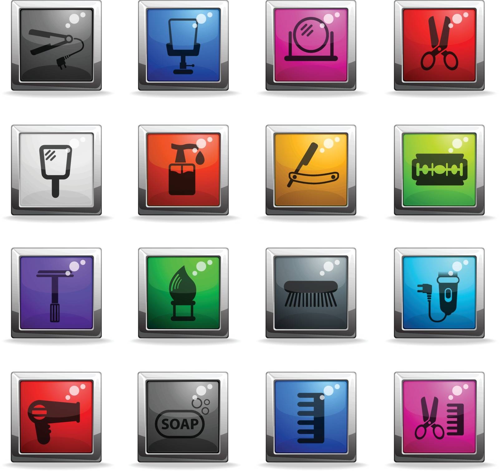 barbershop vector icons in square colored buttons