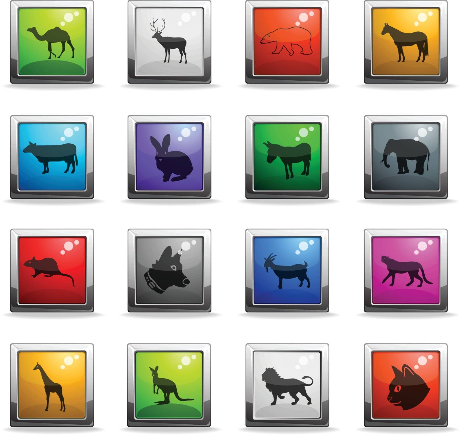 mammals web icons in square colored buttons for user interface design
