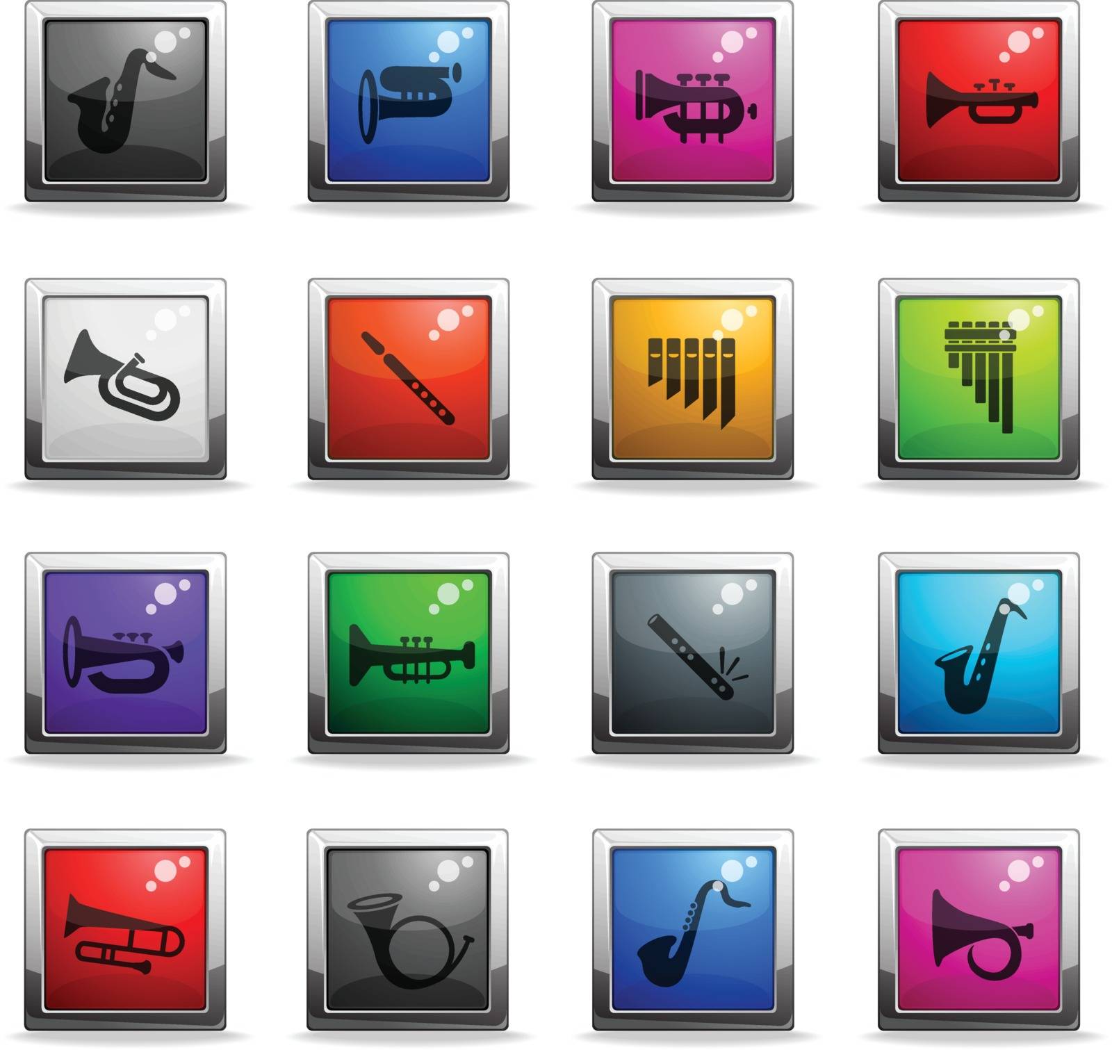 wind instruments web icons in square colored buttons for user interface design