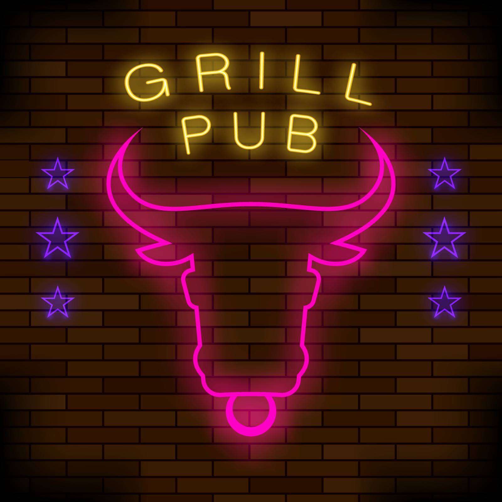 Grill Pub Neon Colorful Sign on Dark Brick Background. Night City Banner
