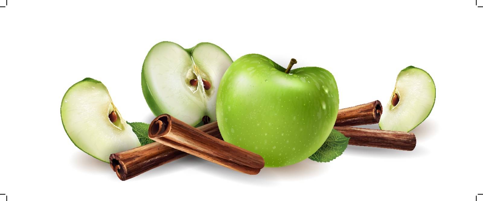Cinnamon and green apples on a white background.