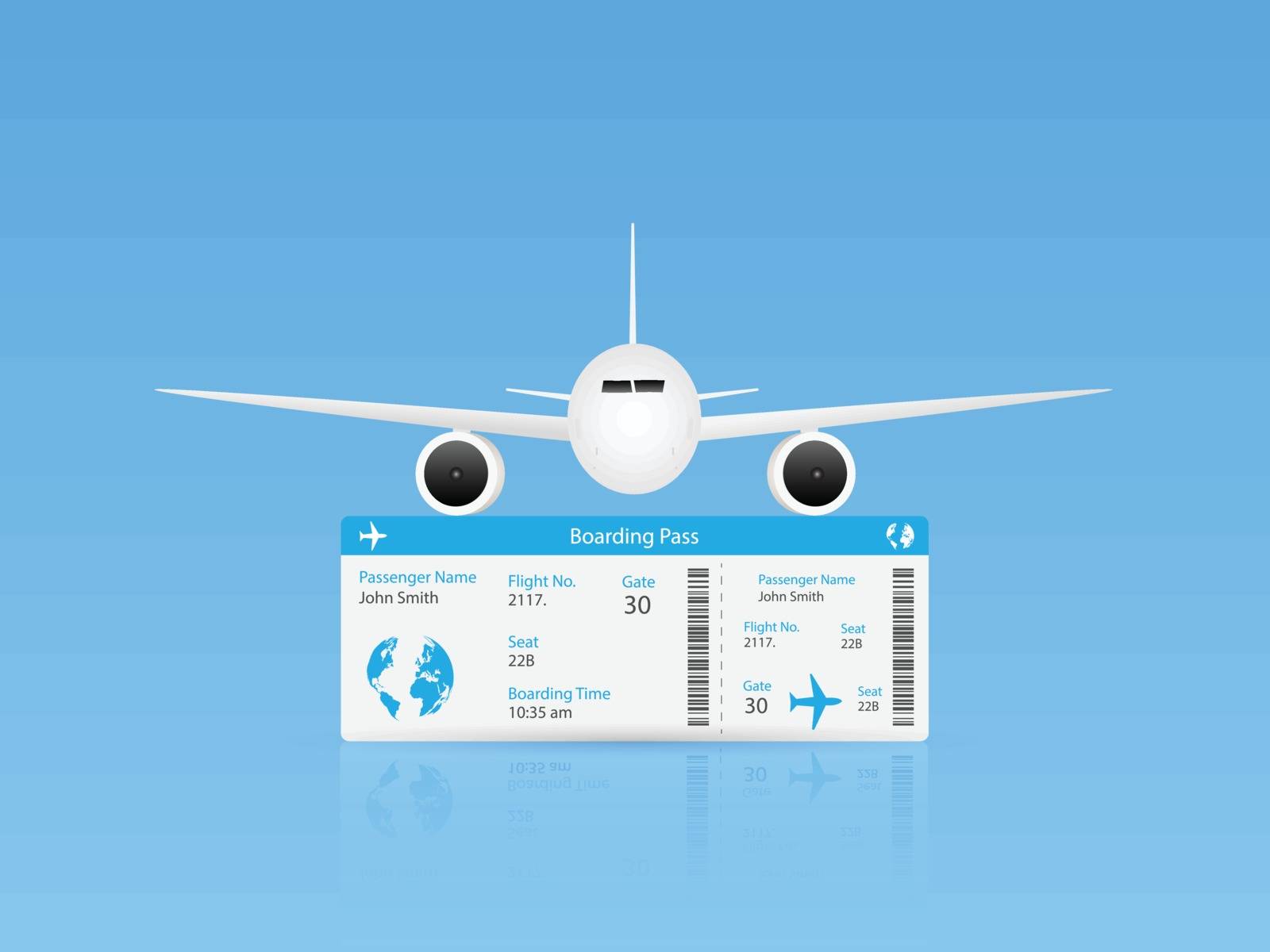 Illustration of an airplane and ticket on a colorful blue background.