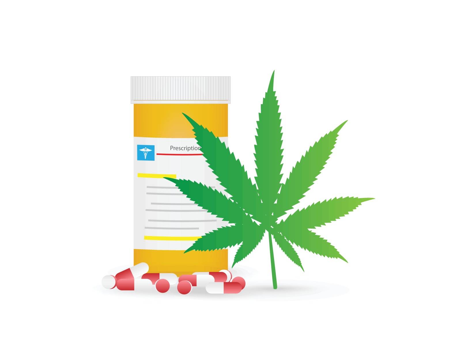 Illustration of a bottle of pills and marijuana plant isolated on a white background.