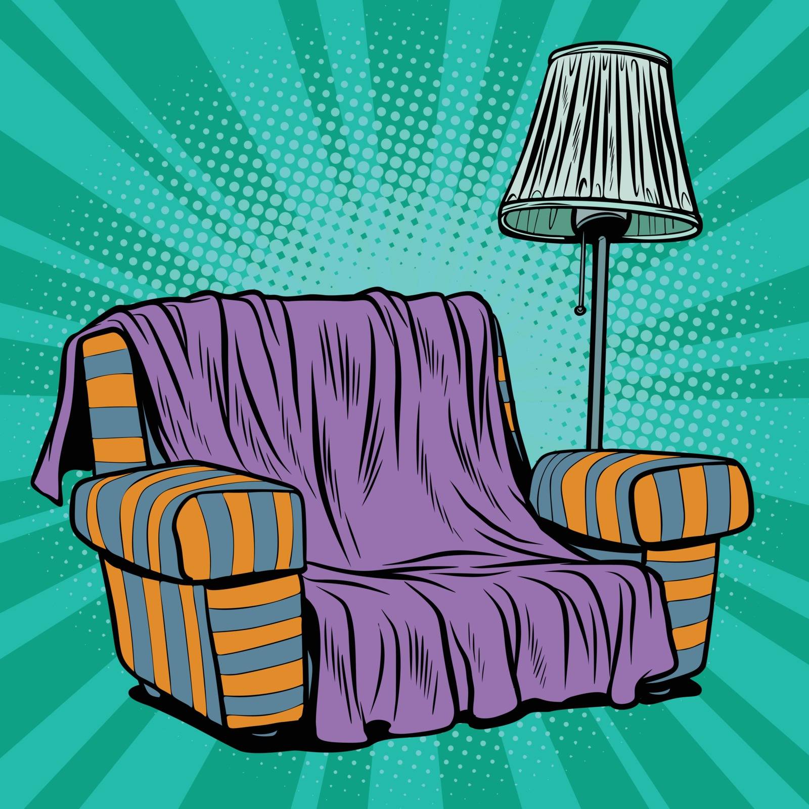 Armchair sofa with floor lamp. Pop art retro vector illustration kitsch vintage