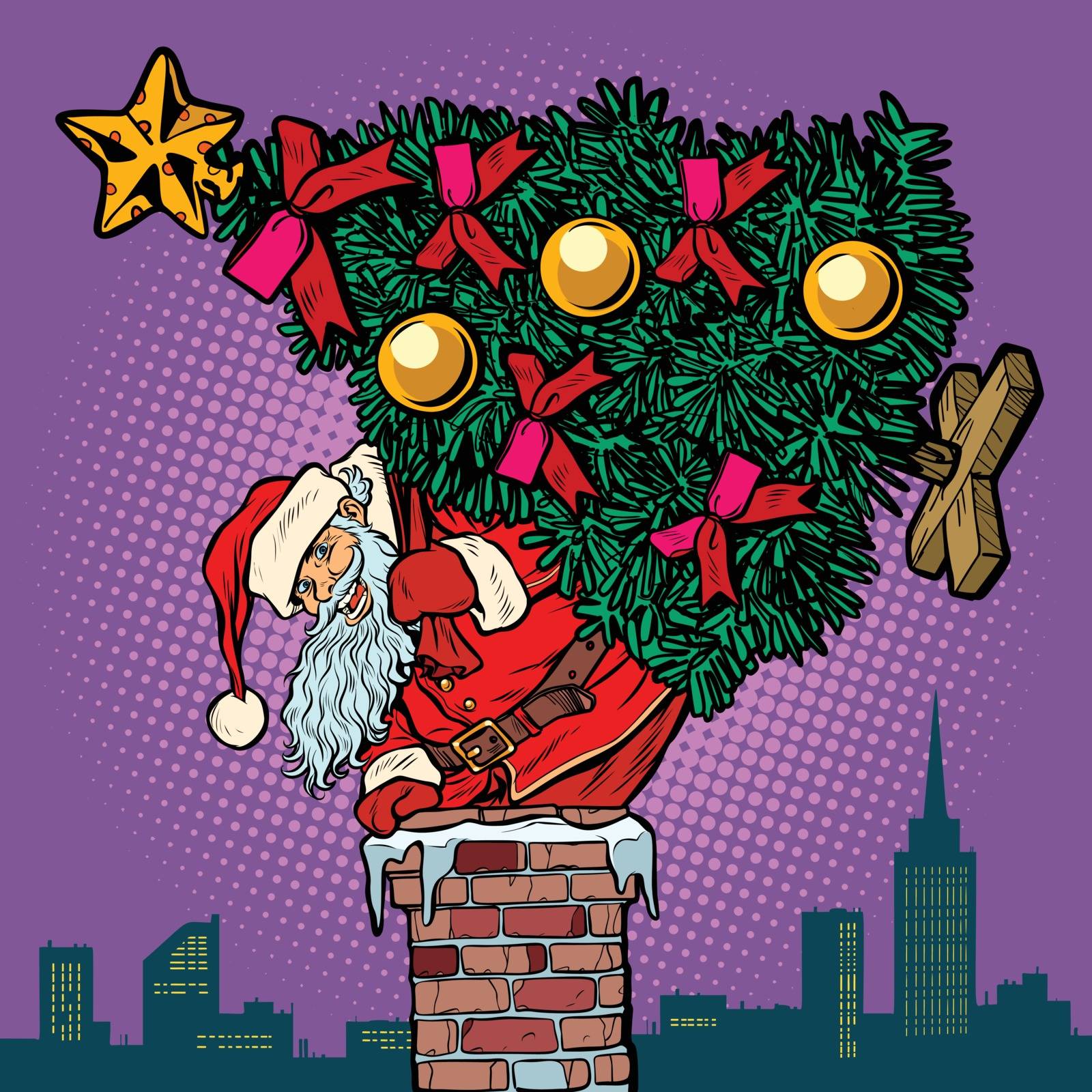 Santa Claus with a Christmas tree climbs the chimney. Pop art retro vector illustration vintage kitsch drawing