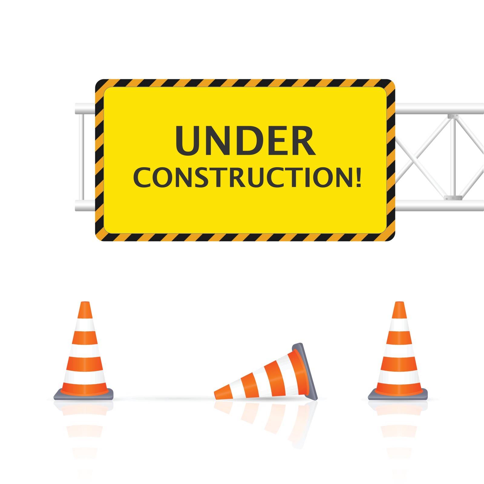 Illustration of an Under Construction sign with safety cones isolated on a white background.