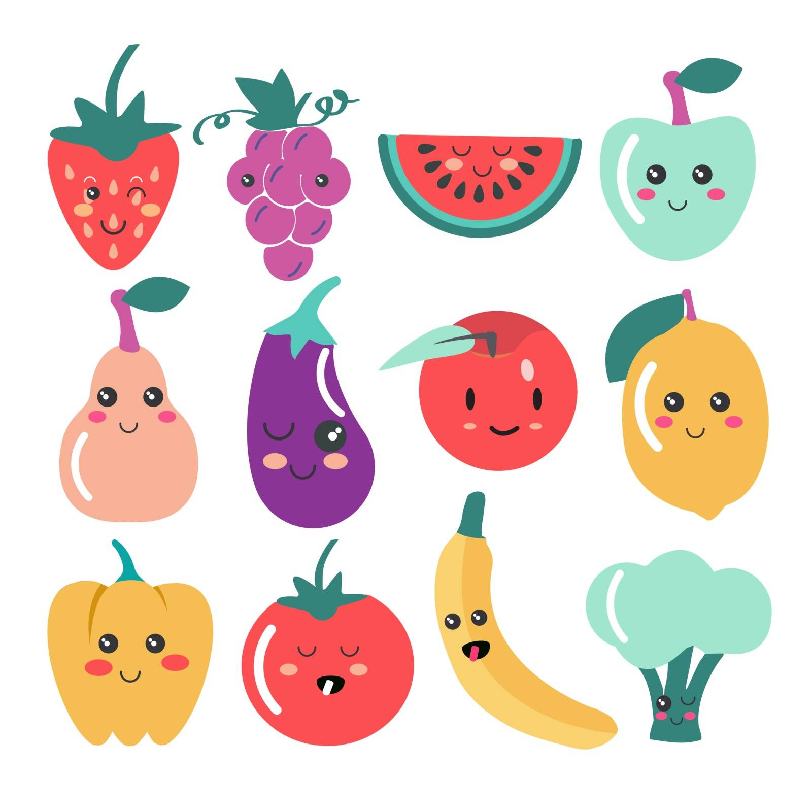 Cute Kawaii fruit and vegetable icons. Vector set of cute Fruit and veg illustration. 