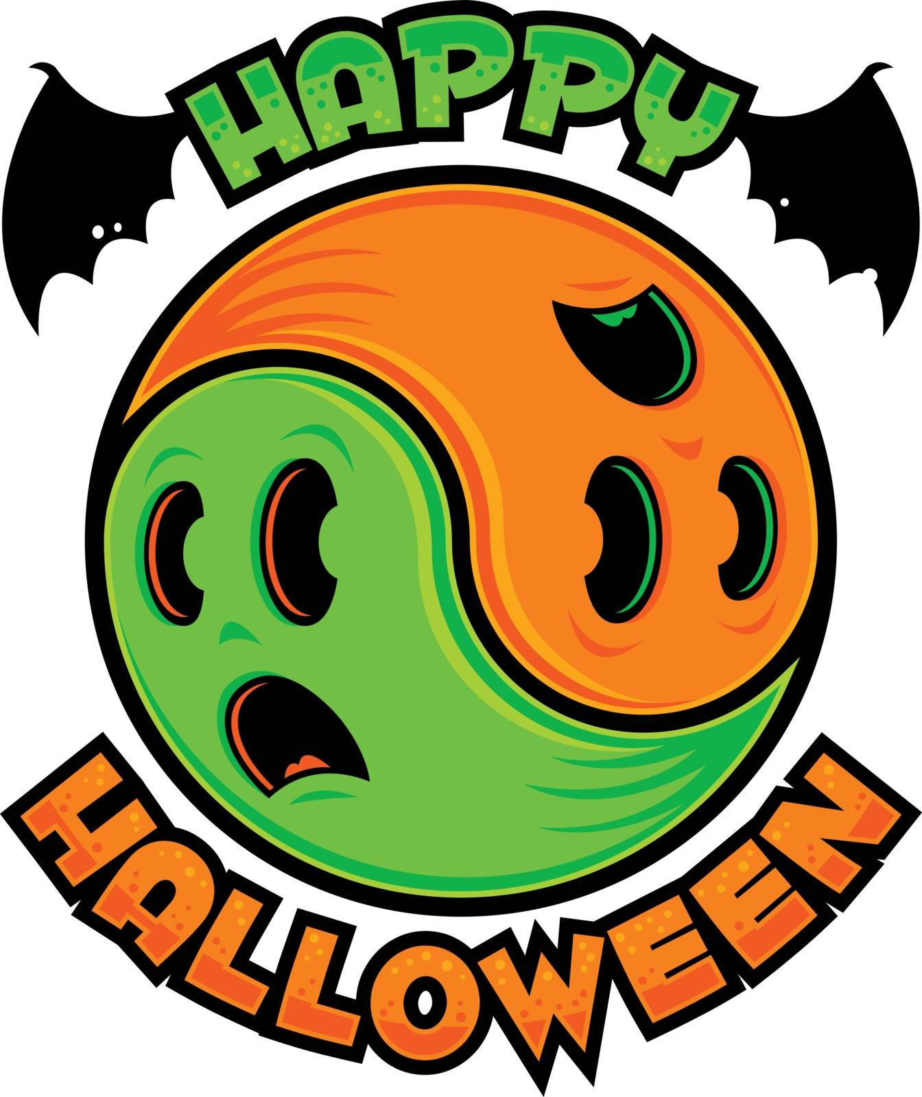 Yin-Yang symbol made from two spooky scared ghosts in green and orange with Happy Halloween text.