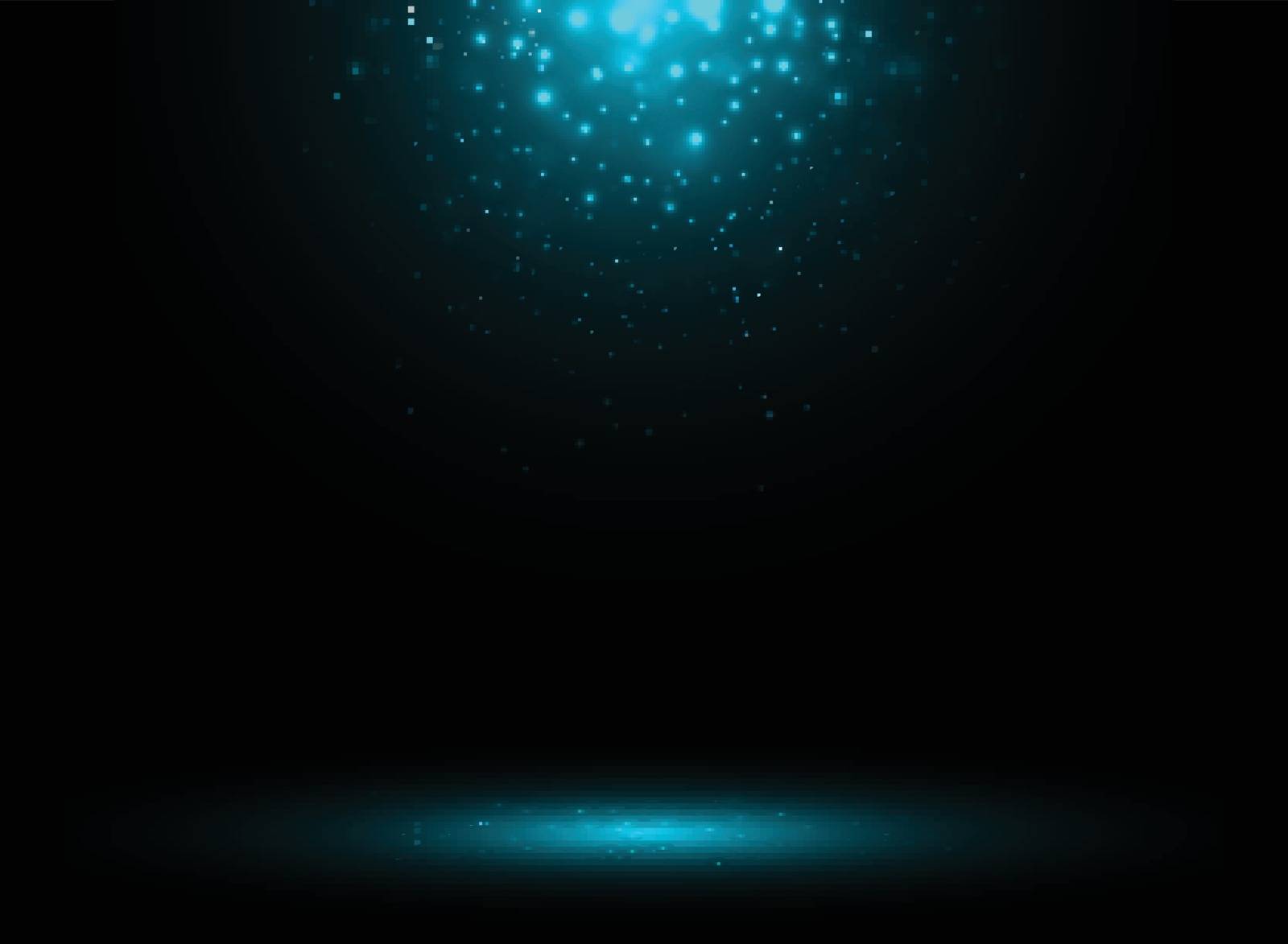 Dark stage background with blue rays of spotlight and falling sparkling. Shimmering light dust shining. Vector illustration