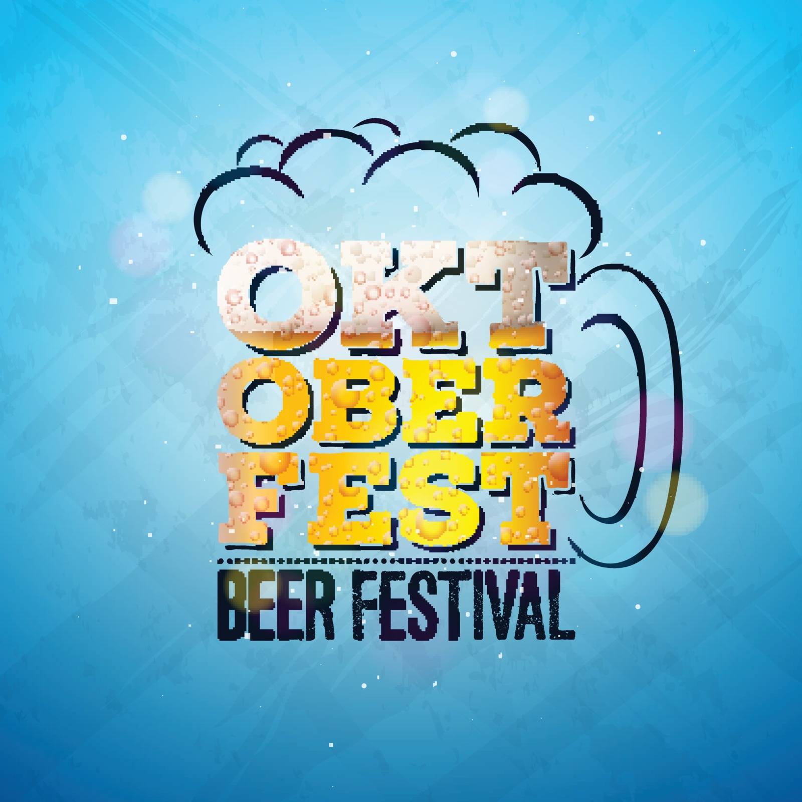Oktoberfest Banner Illustration with Fresh Lager Beer in Typography Lettering on Shiny Blue Background. Vector Traditional German Beer Festival Design Template for Greeting Card, Celebration Flyer or Promotional Poster