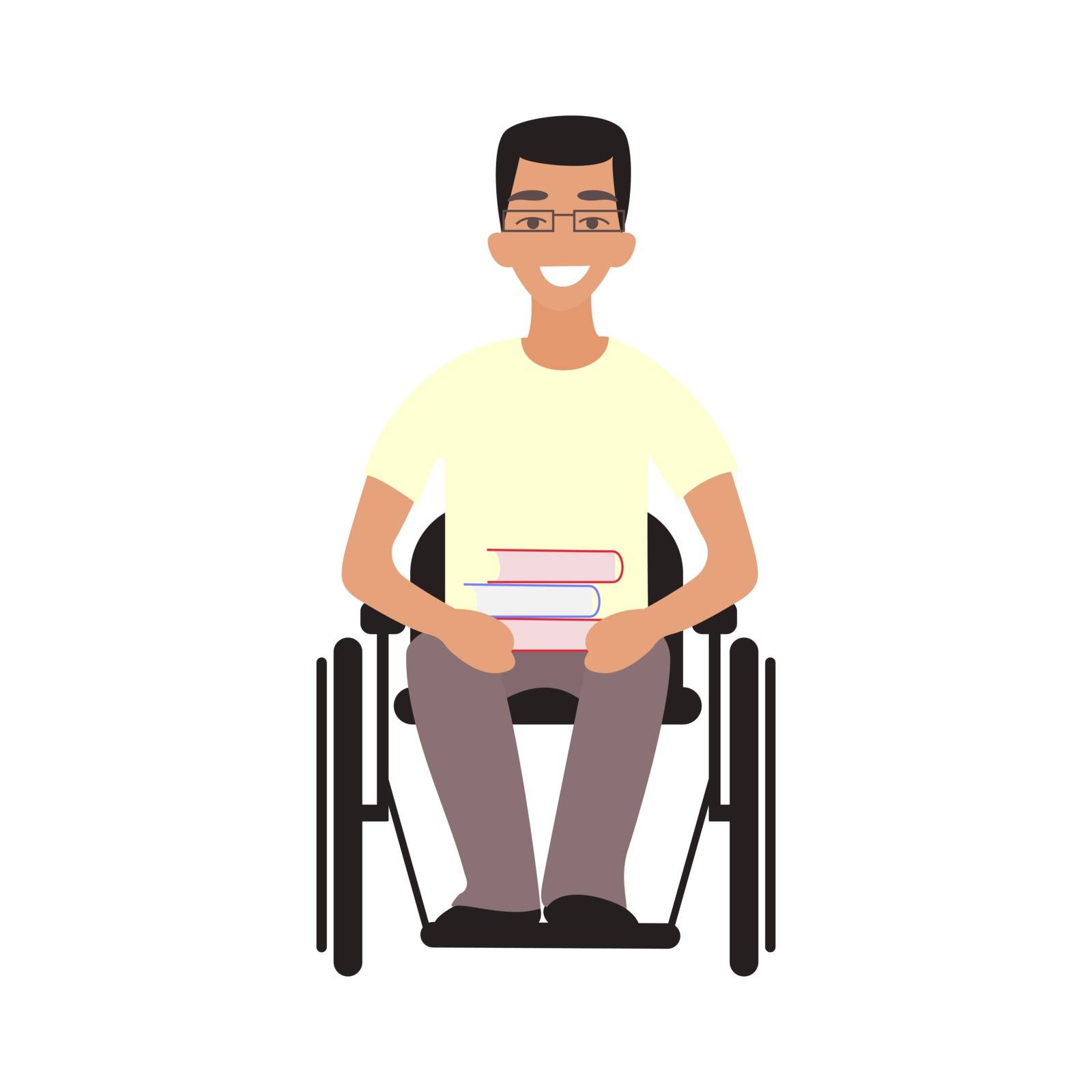Handicap student sit in whilechair. Disabled teen. Person with disabilities. Teenager with physical disorder. Flat cartoon character. Vector illustration