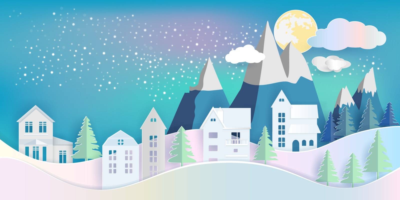 View of house and pine tree with mountain in winter night under yellow full moon and cloud. paper art design vector illustration for christmas background.
