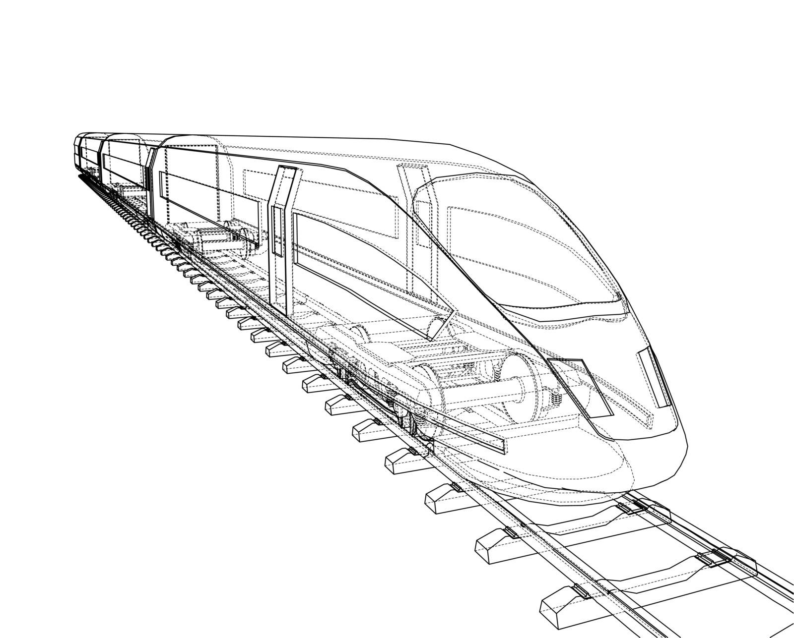 Modern speed train concept. Vector rendering of 3d. Wire-frame style
