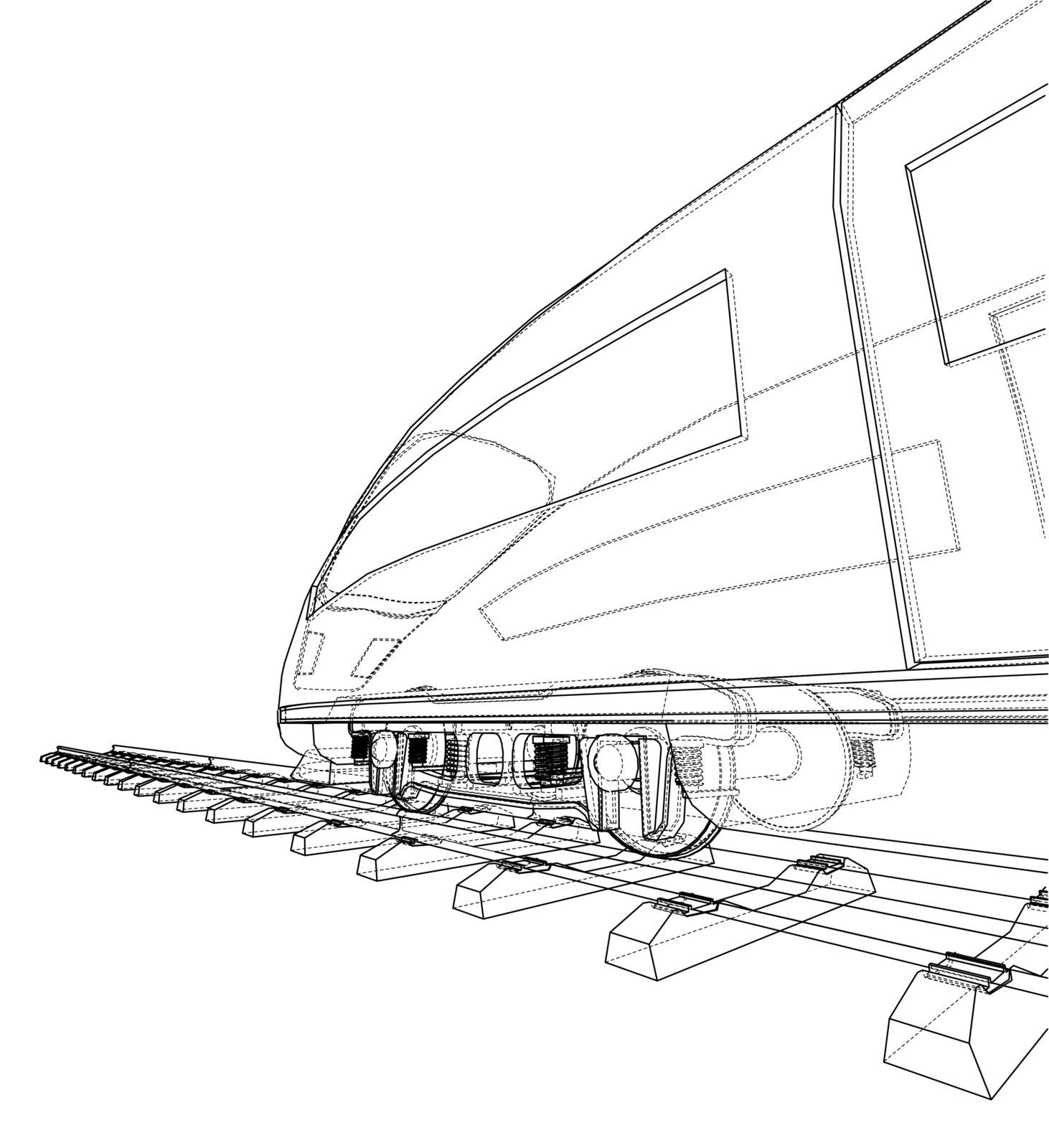Modern speed train concept. Vector rendering of 3d. Wire-frame style