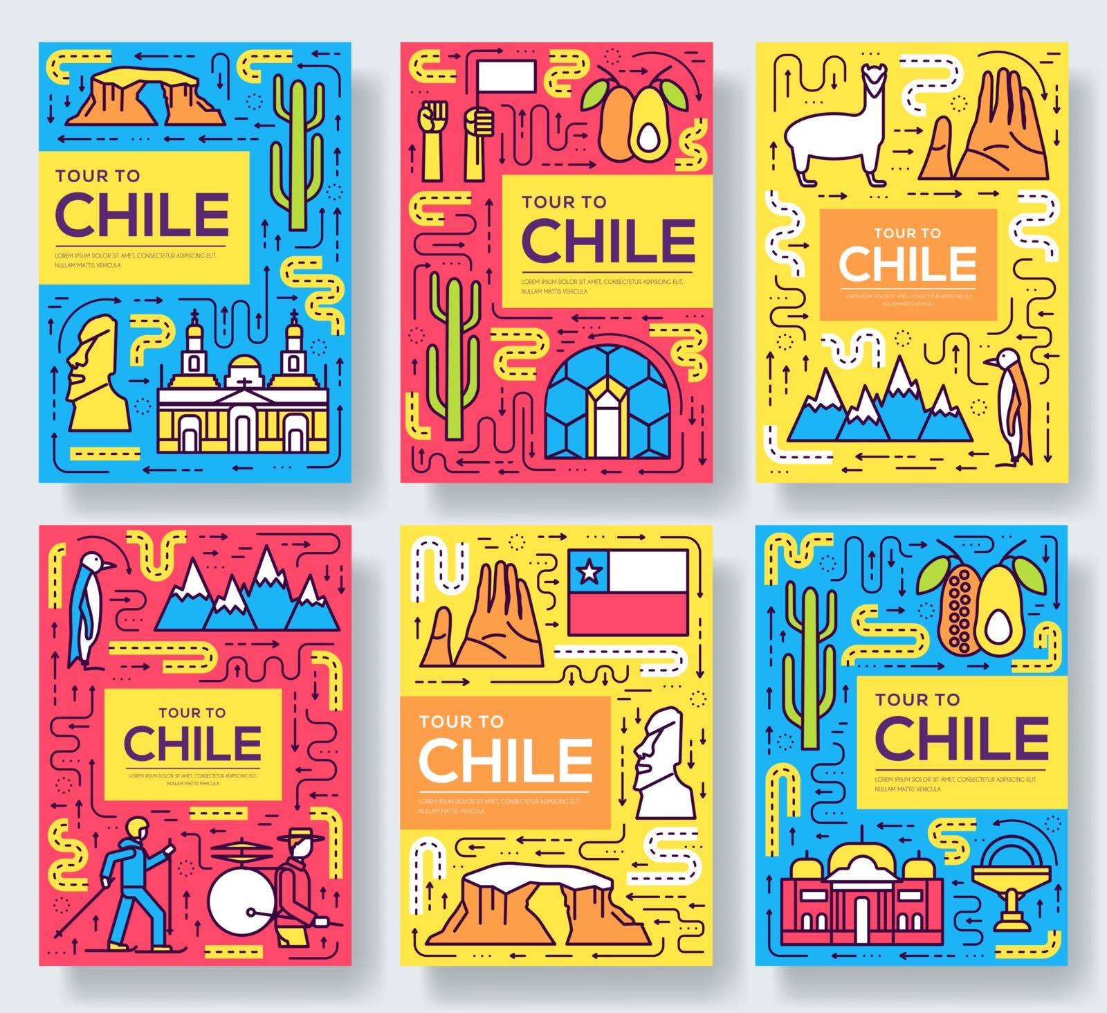 Chile vector brochure cards thin line set. Country travel template of flyear, magazines, posters, book cover, banners. Layout culture monument outline illustrations modern pages.