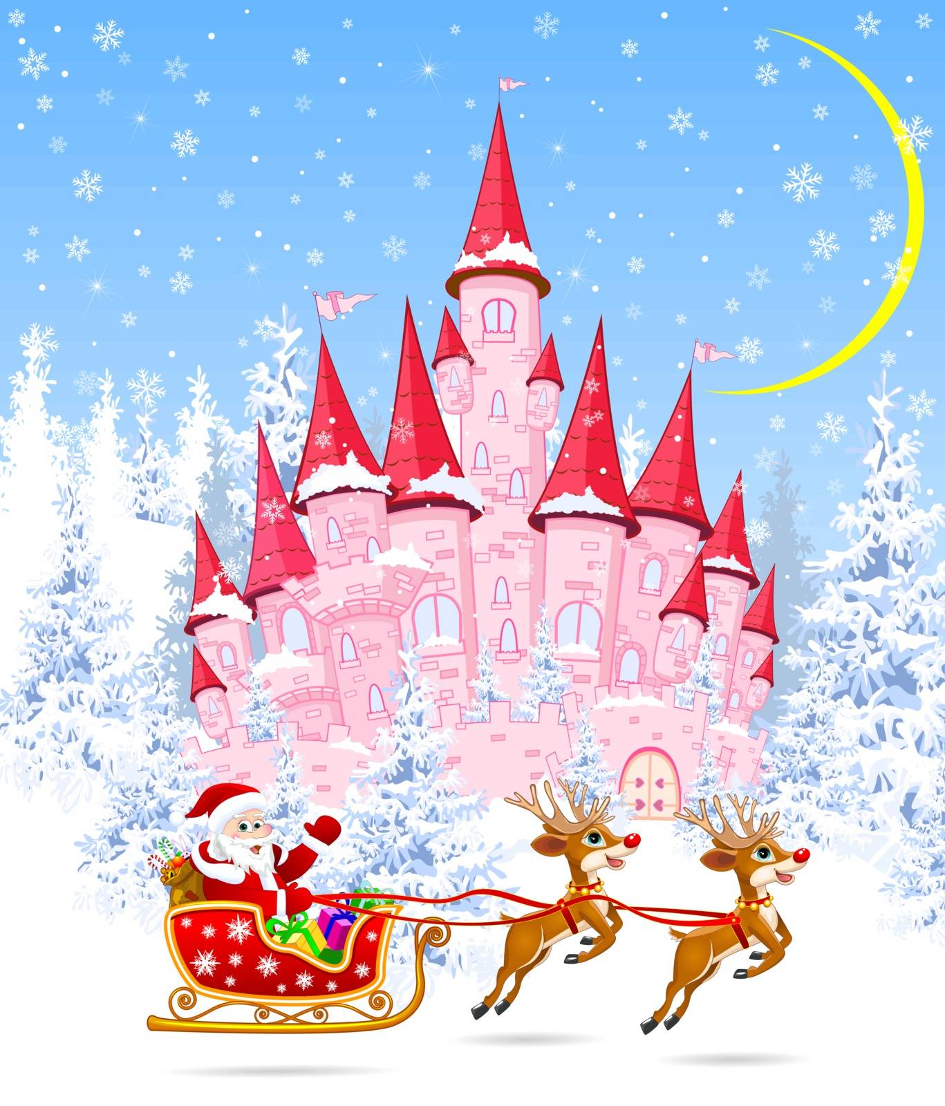 Santa on a sleigh on the background of the castle and the winter forest. Cartoon pink castle on the background of winter snow-covered forest. Winter landscape with a pink castle in the woods, snow, night, moon.