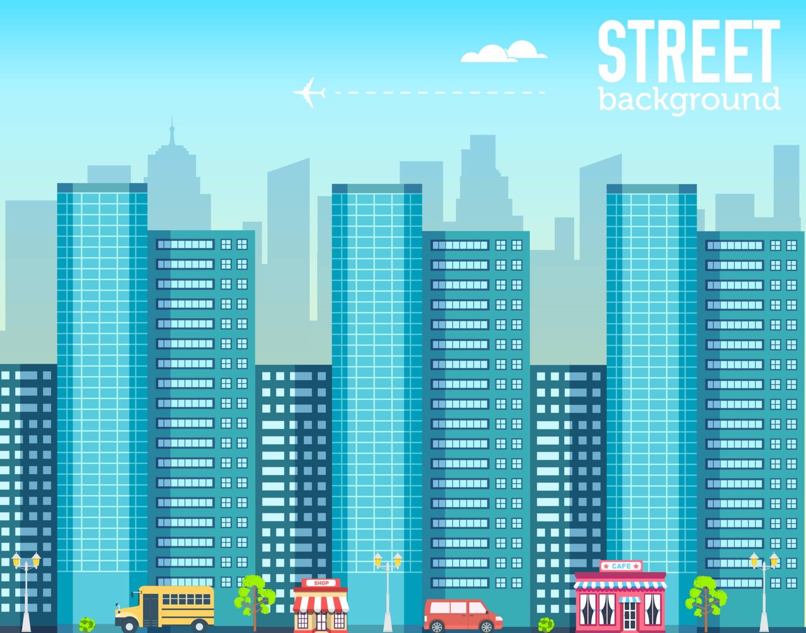 skyscraper building in city space with road on flat style background concept. Vector illustration design by Linetale