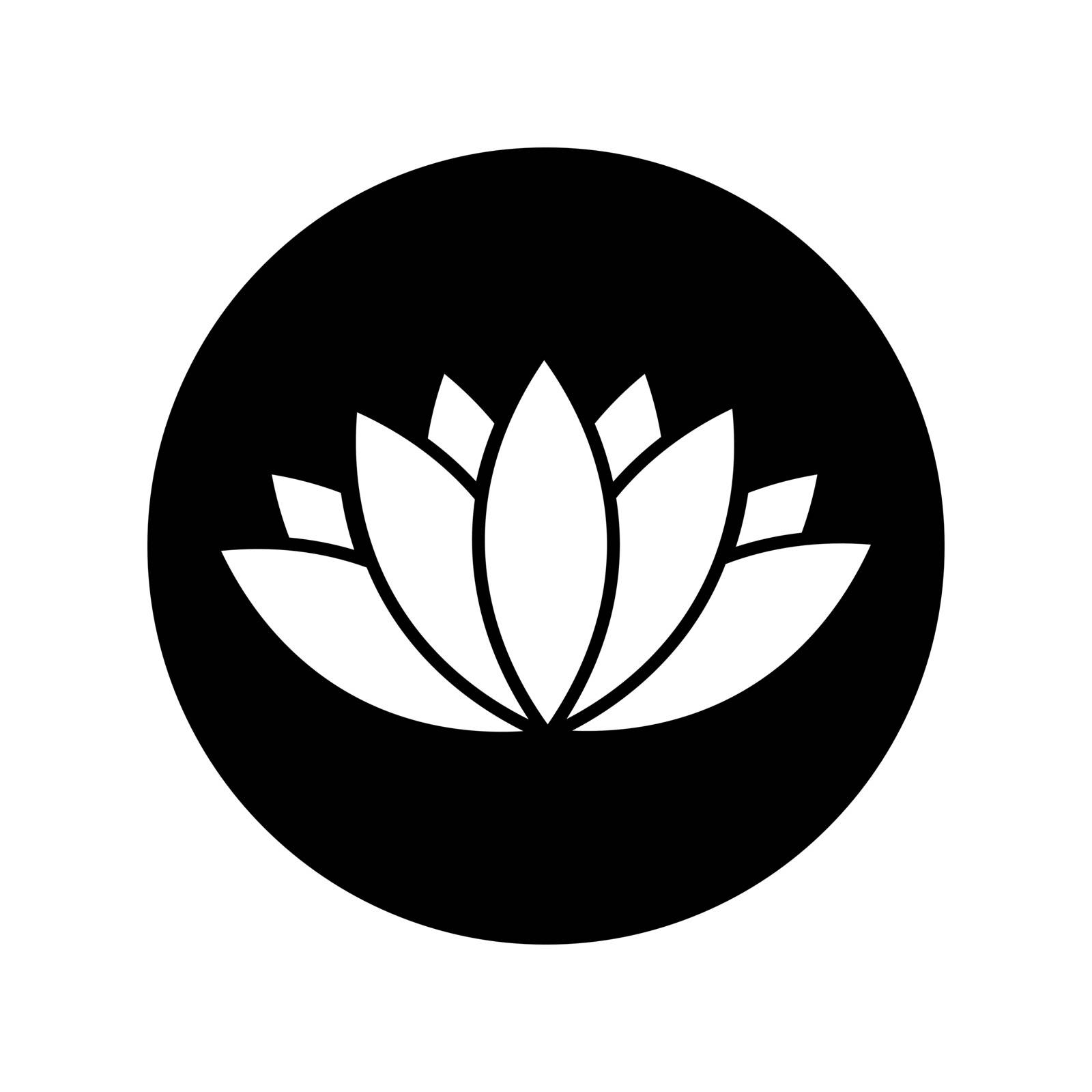 Lotus icon in black circle isolated on white background. Lily icon. Lotus abstract icon in black. Vector illustration for graphic design, Web, UI, app