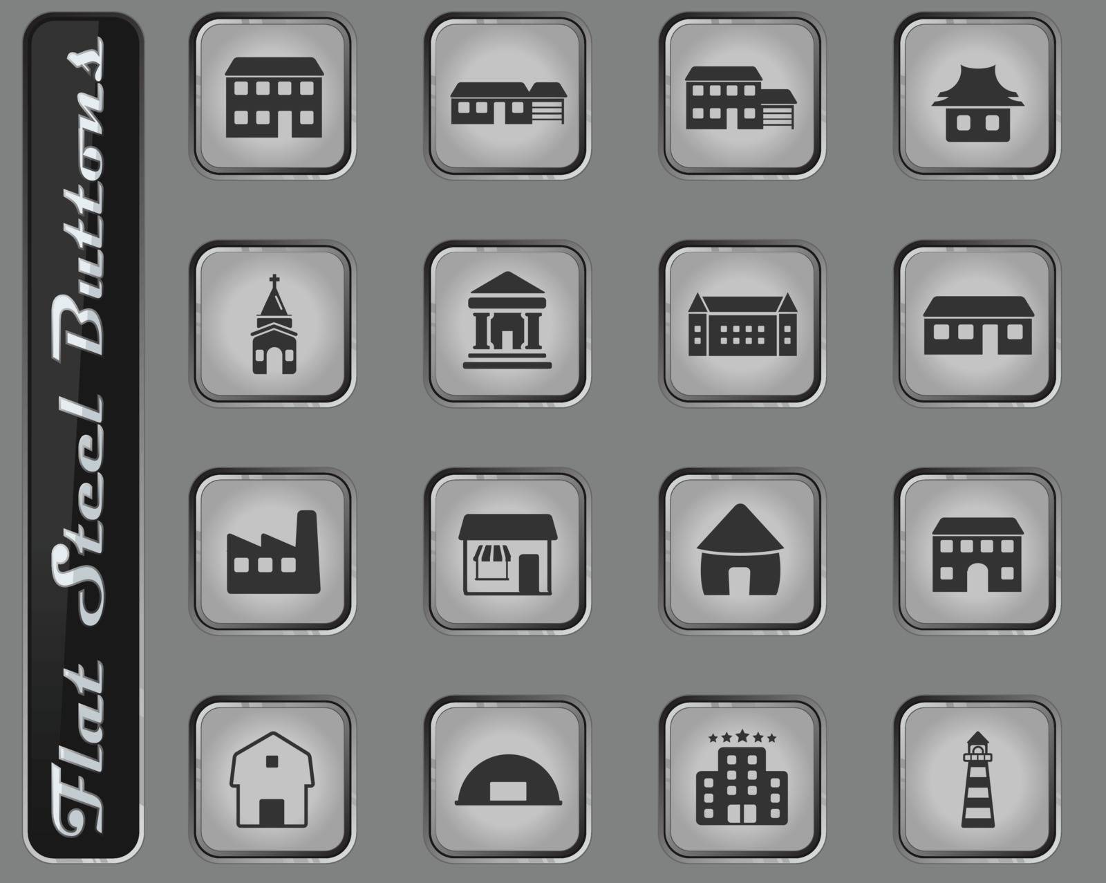 Buildings web icons on the flat steel buttons