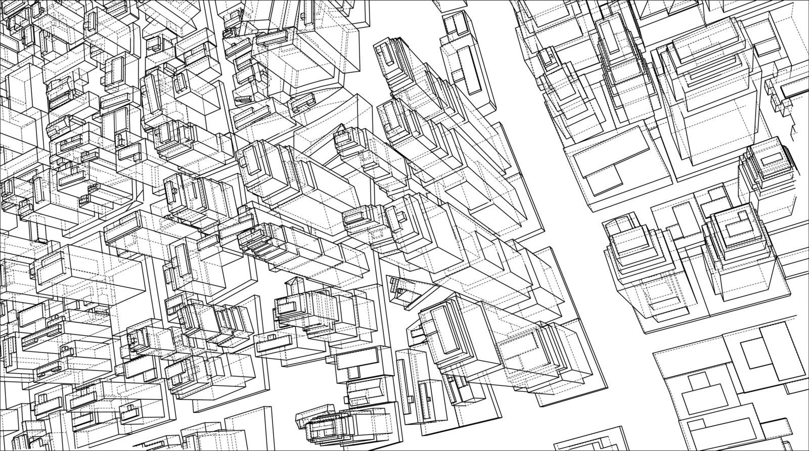 Wire-frame City, Blueprint Style. Vector by cherezoff