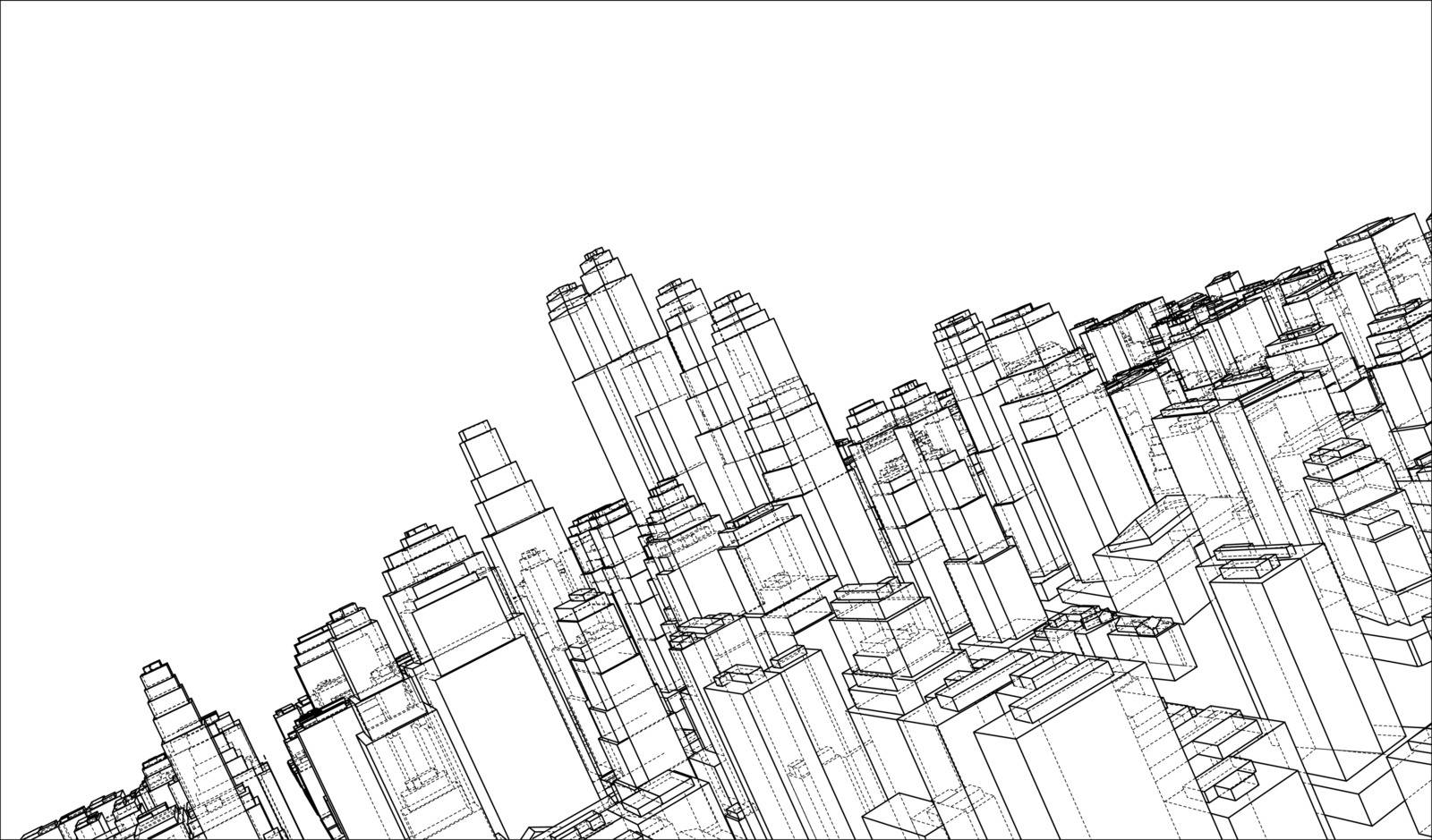 Wire-frame City, Blueprint Style. 3D Rendering Vector Illustration. Architecture Design Background