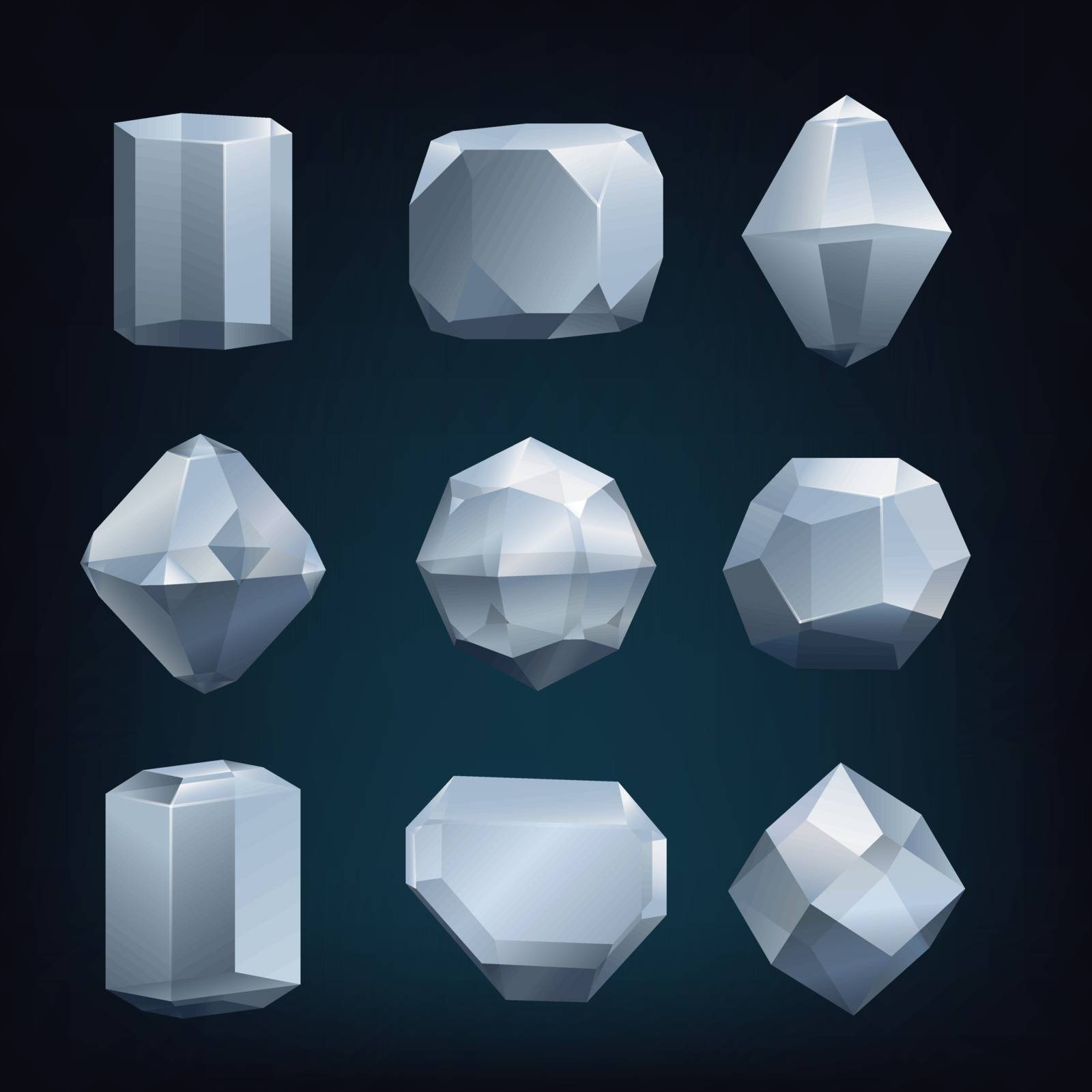 Set abstract glass crystals low poly design set. Vector illustration.