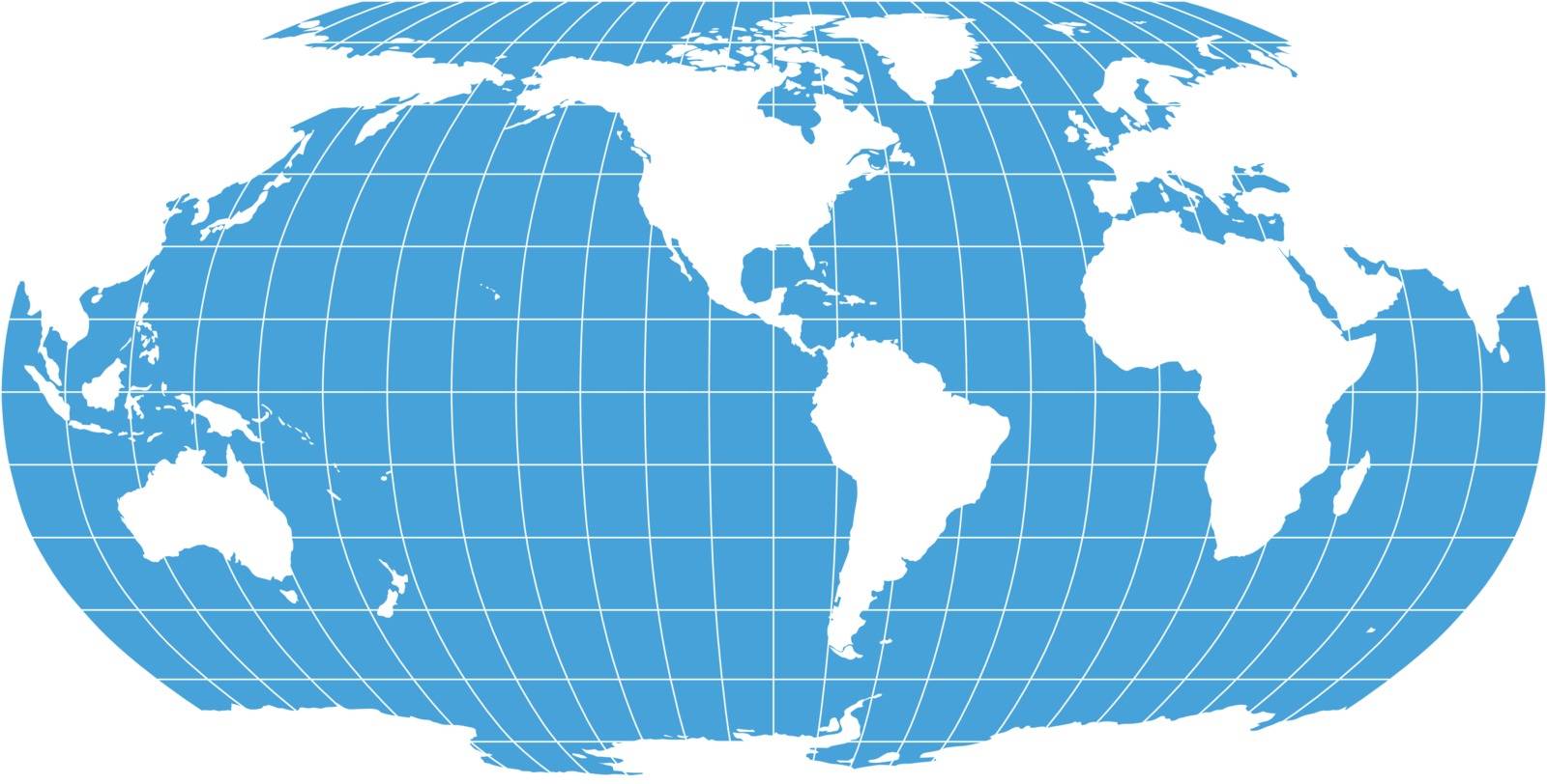 World Map in Robinson Projection with meridians and parallels grid. Americas centered. White land and blue sea. Vector illustration.