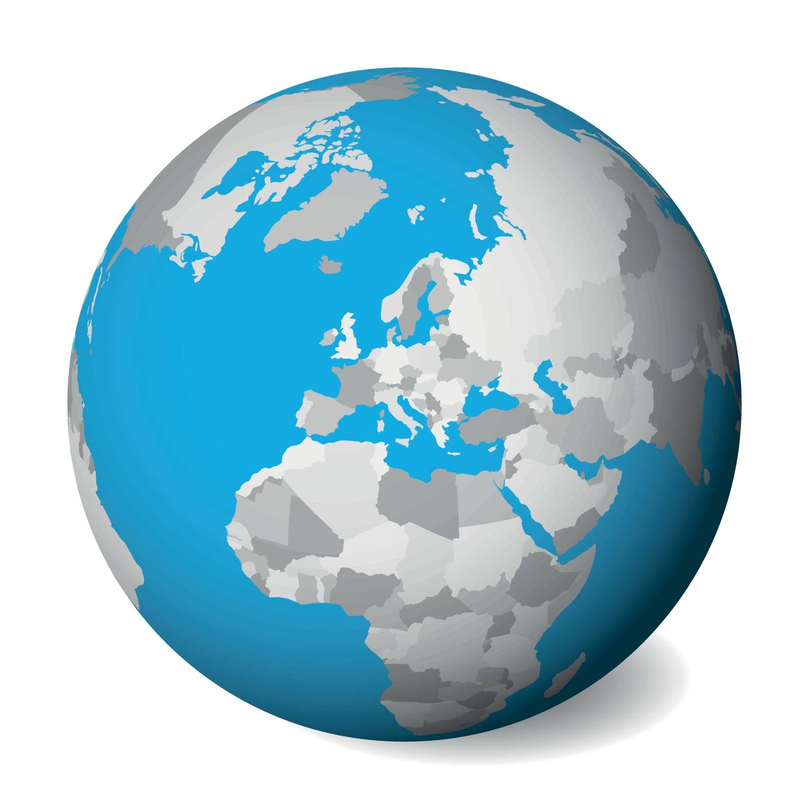Blank political map of Europe. 3D Earth globe with blue water and grey lands. Vector illustration by pyty