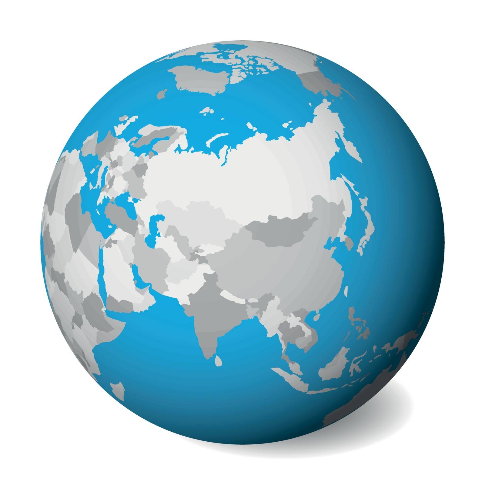 Blank political map of Asia. 3D Earth globe with blue water and grey lands. Vector illustration by pyty