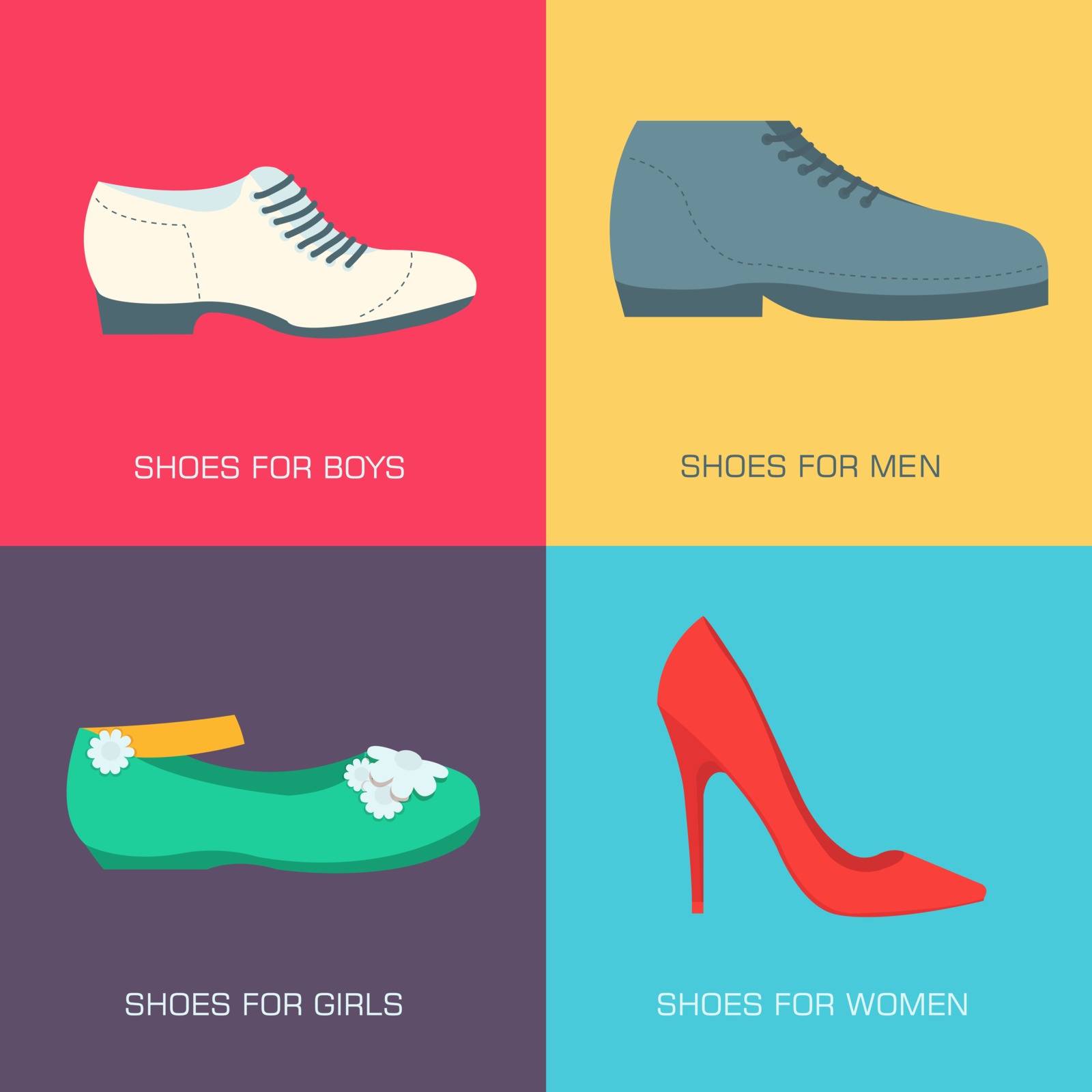 fashion shoes for family on flat style. Vector illustration concept banners. Template for website and mobile appliance .