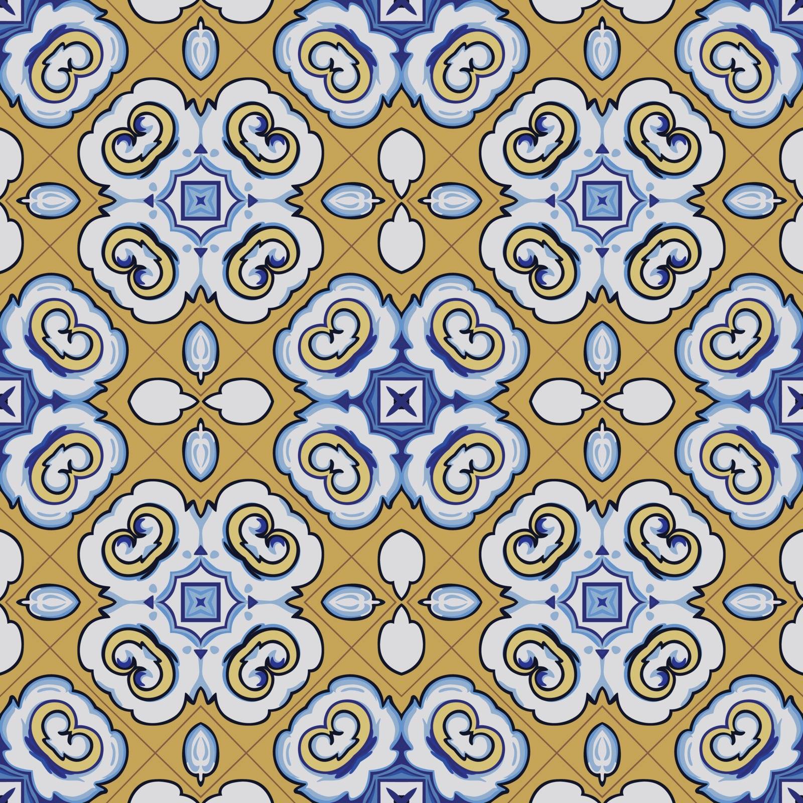 Seamless illustrated pattern made of abstract elements in beige, orange, blue and black